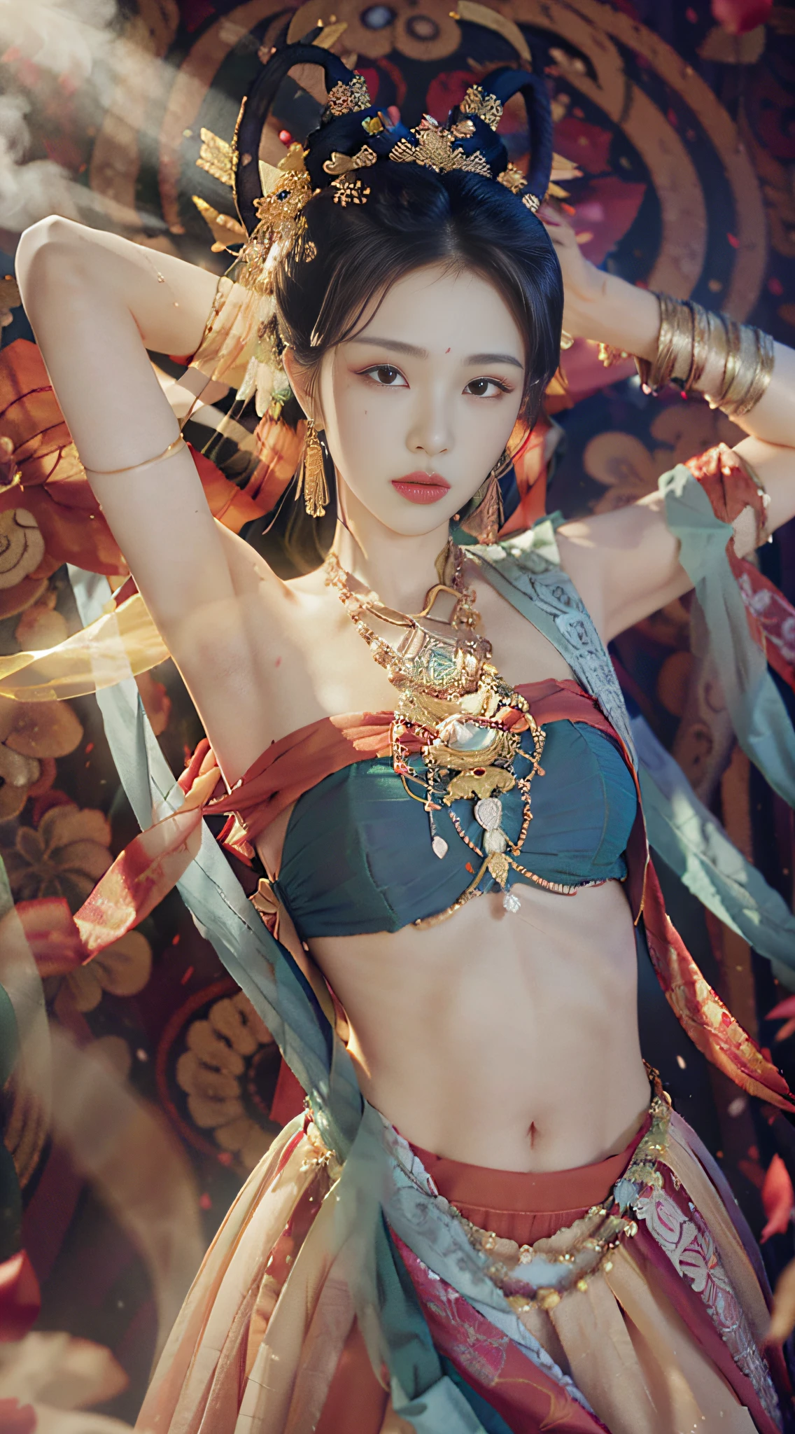 (8k, RAW photo, best quality, masterpiece: 1.2), (realistic, photorealistic photoreal: 1.4), (very detailed CG unity 8k wallpaper), (1 girl), dance, dunhuang_dress, dunhuang_style, dunhuang_background, one arm up, one hand to the viewer, gold ornaments, ancient Chinese hairstyle, tulle, streamers, light makeup, eye shadow, eyebrow mole, (face), Dynamic pose, background smoke surrounding, flower petals flying, details, jewelry, earrings, bracelets, shoulders, complex textures, busts