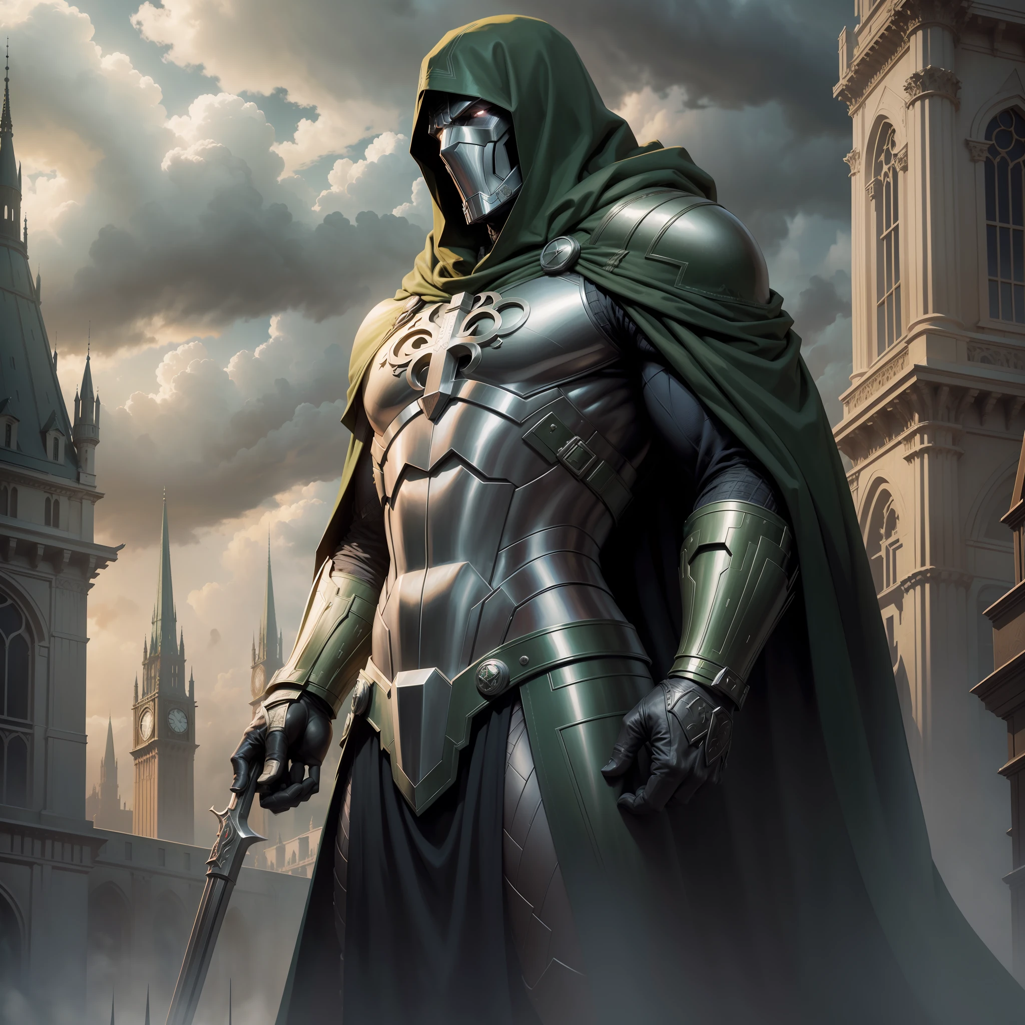 Extremely detailed and ultra-realistic depiction of Marvel's Doctor Doom, in his iconic armor and mask, standing firmly under a dark and ominous sky, with a magnificent palace in the far background, intricately designed with impeccable attention to detail. Very similar to the marvel comics