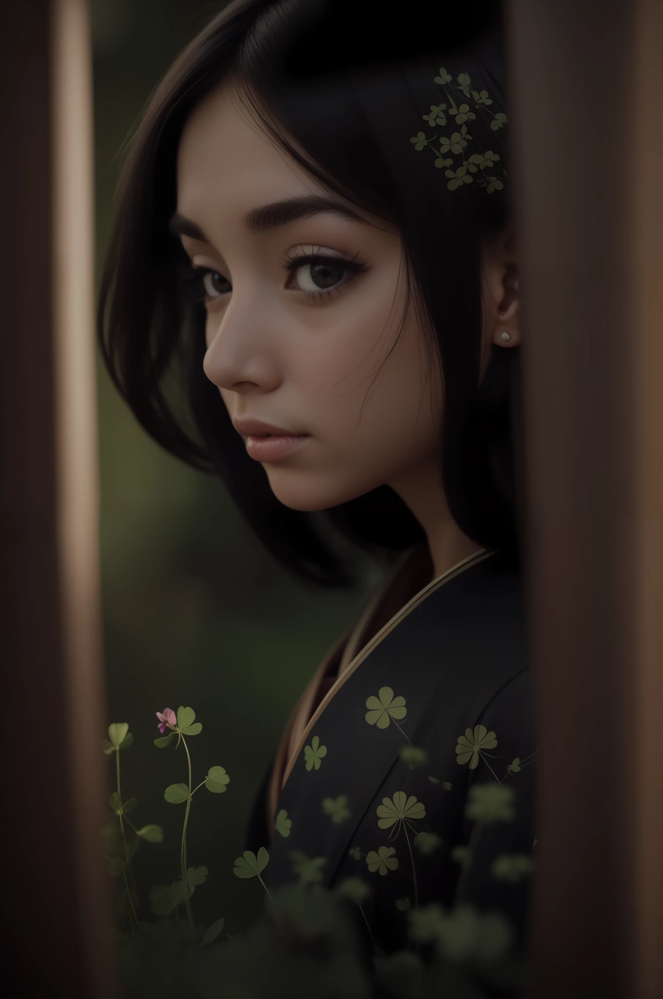 ((Realistic lighting, superlative, 8k, masterpiece: 1.3)), beautiful 20-year-old 1 girl, black hair, 40s japanese woman, geisha, japanese geisha makeup, 40s japan, black eyes, everyday photos, unlit tavern, looking at the camera affectionately, 900s ordinary villager's outfit, eyes with clover, very detailed portraits, details, beautiful, film photography, kodak, dreamy atmosphere, film grain, film photography, concept photography, actual, Reality, unenlarged, oval eyebrows, ((low angle))