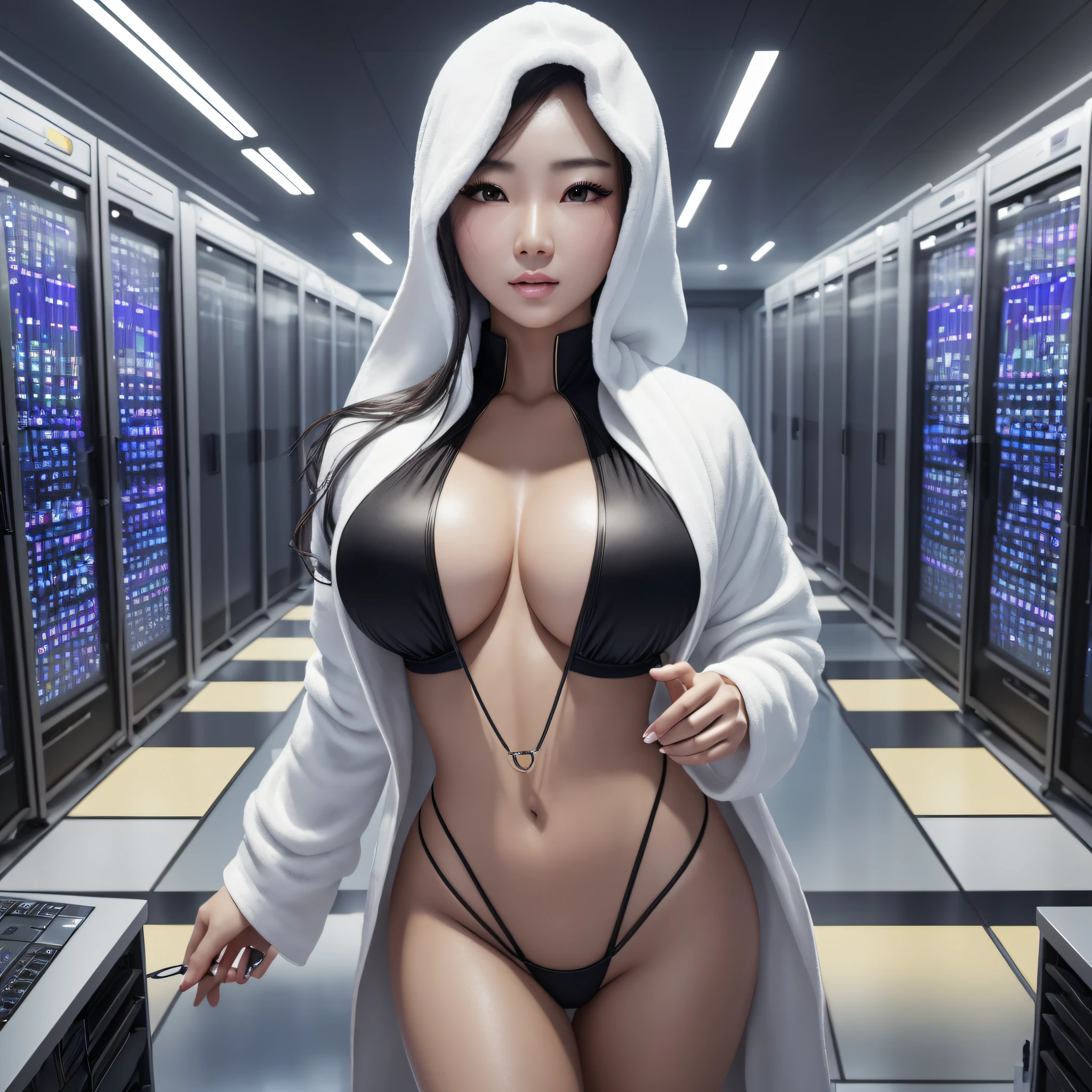 create a korean woman,height of 1.6 meters,holding tablet in hands,highly realistic woman,very detailed,ultra-detailed,ultra-realistic,low-cut swimwear,silk bathrobe,sexy,seductive pose,white clothes,visible curves,ultra-realistic fabric textures,detailed and ultra-realistic hands,realistic face,ultra-detailed face,black hair, standing in a server room, realistic data center,  rhythm in server room, in futuristic lab room, in detailed data center,high detail, modern, drop shadow, cinematic lighting, high details, high quality, best quality,detailed skin,detailed eyes,complex makeup,realistic texture --auto --s2