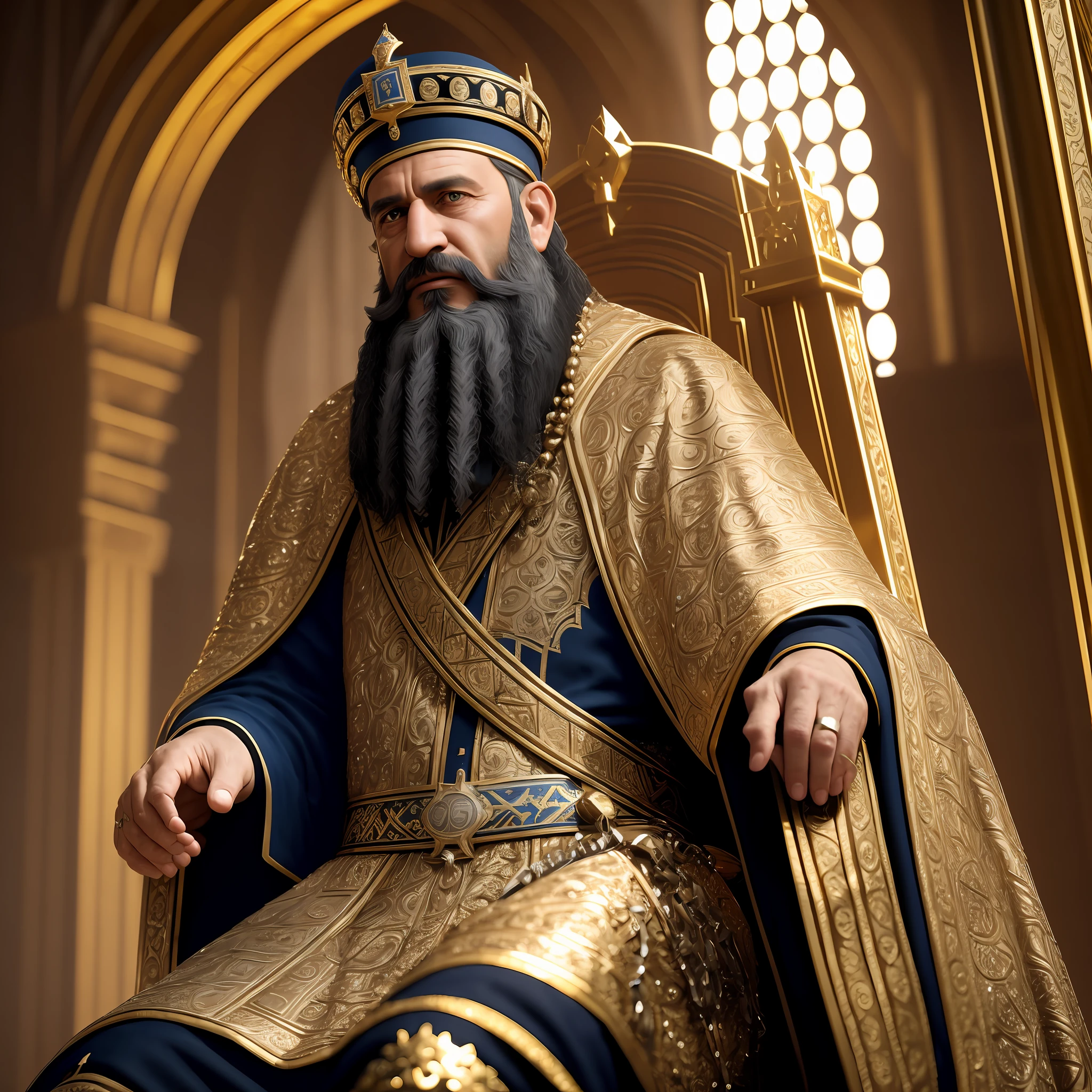 Jewish king, israel, black beard, short hair, man, crown, sitting on throne, 8k, high quality, masterpiece, best quality, hd, extremely detailed, cheerful atmosphere, volumetric lighting, photorealistic --auto --s2