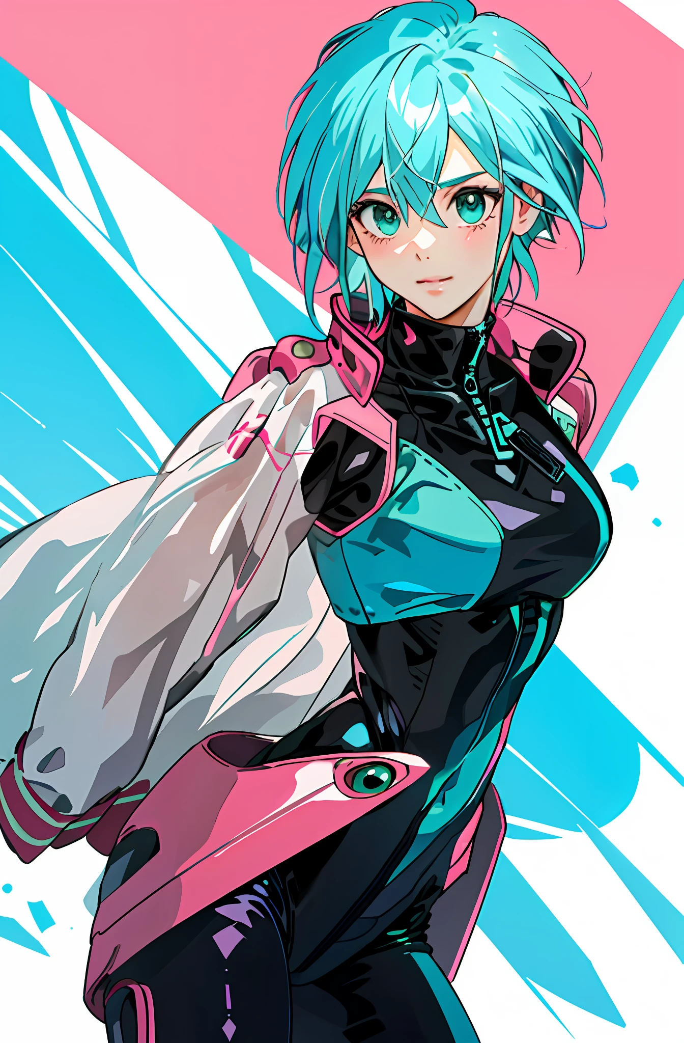 (Masterpiece), (Best Quality), (Perfect Face),1 Girl, Allenby, (Aqua Hair 1.2), Black and Pink Rubber Bodysuit, Cowboy Shot,