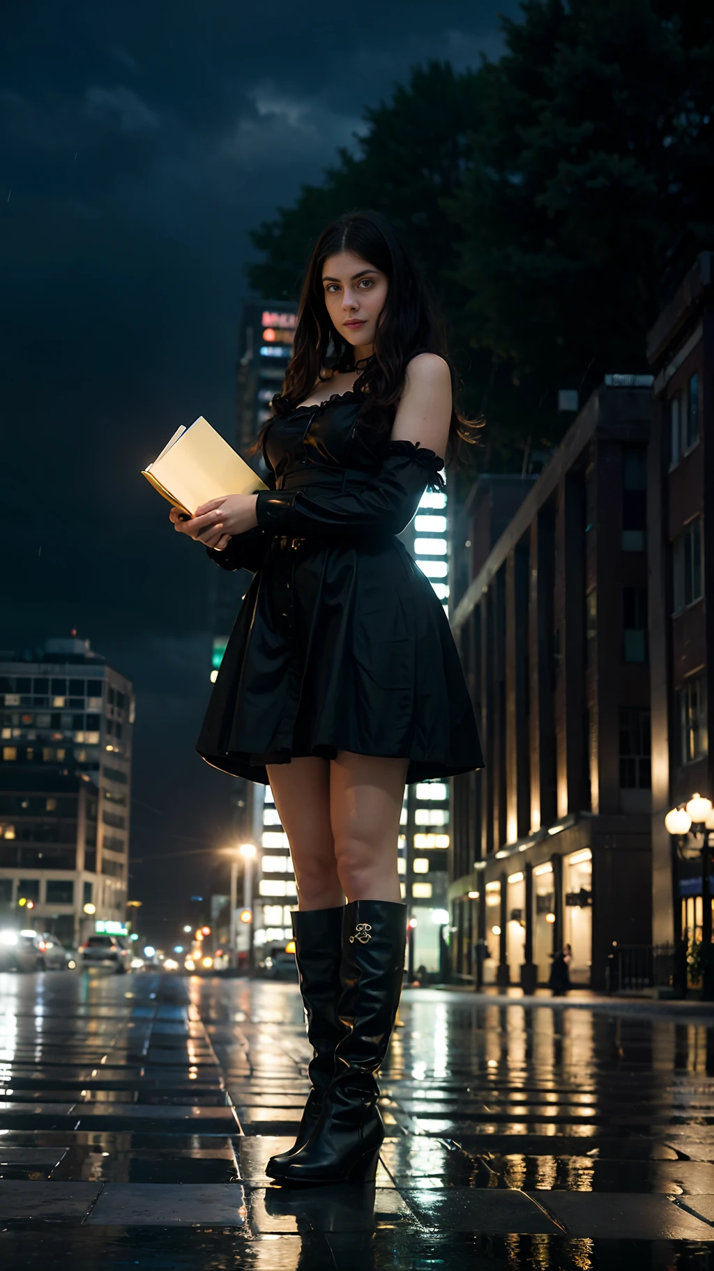 Alexandra Daddario girl smiling, holding some books ,cute, cityscape, day, rainy, wet, professional lighting, photon mapping, a black and white, a black dress and boots on a white background, yellow cut dress, gothic dress, classical witch robe, gothic clothing,