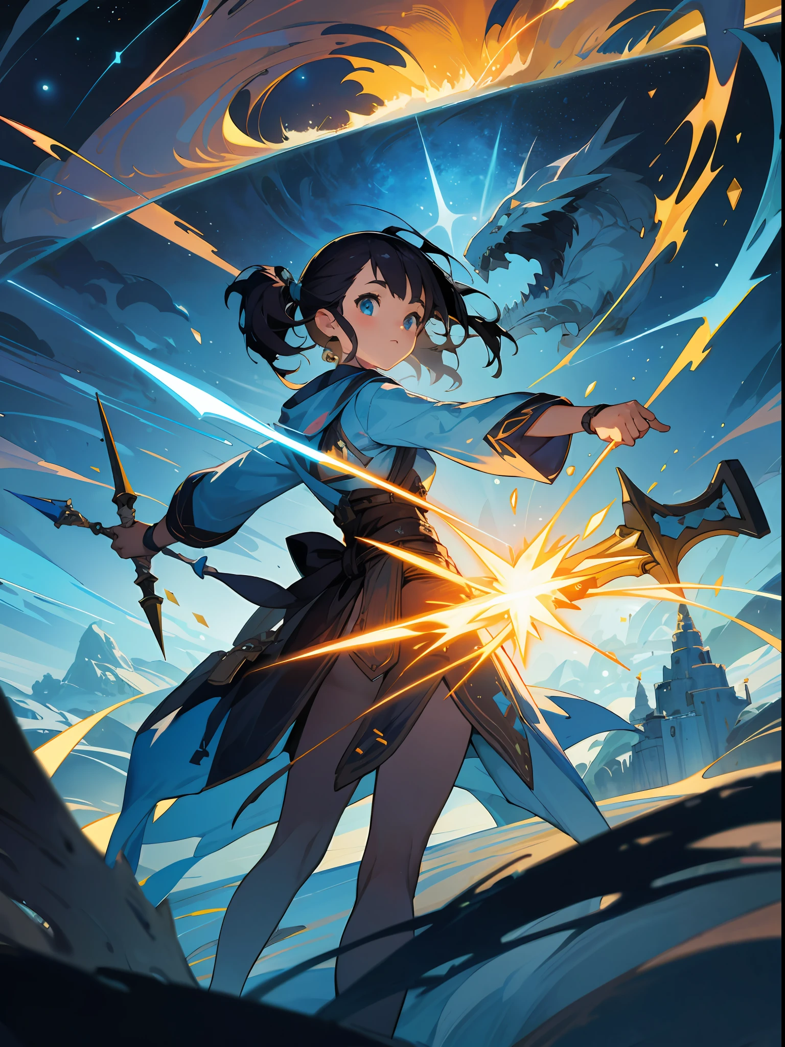 It is an illustration depicting a young girl who has wandered into the world of games. She is dressed in casual summer clothes and ready for adventure.
Around her, a landscape spreads out like a 3D digital space with a rough dot. A fantastical world of strange structures and vivid color effects unfolds before her eyes.
Her expression is full of excitement and curiosity, giving a sense of willingness to adventure. In her hands are magic wands, weapons and adventure tools, symbolizing her determination and courage.
The digital space of the background is full of distinctive elements unique to the game world. Light particles and geometric shapes float in the air, creating an enigmatic world where her adventures await.
Fine details in the highest image quality, pay close attention to the girl's outfit, facial expressions, and digital depiction of the background. Please enjoy the illustrations depicting the figure of a young girl who has wandered into the game world.