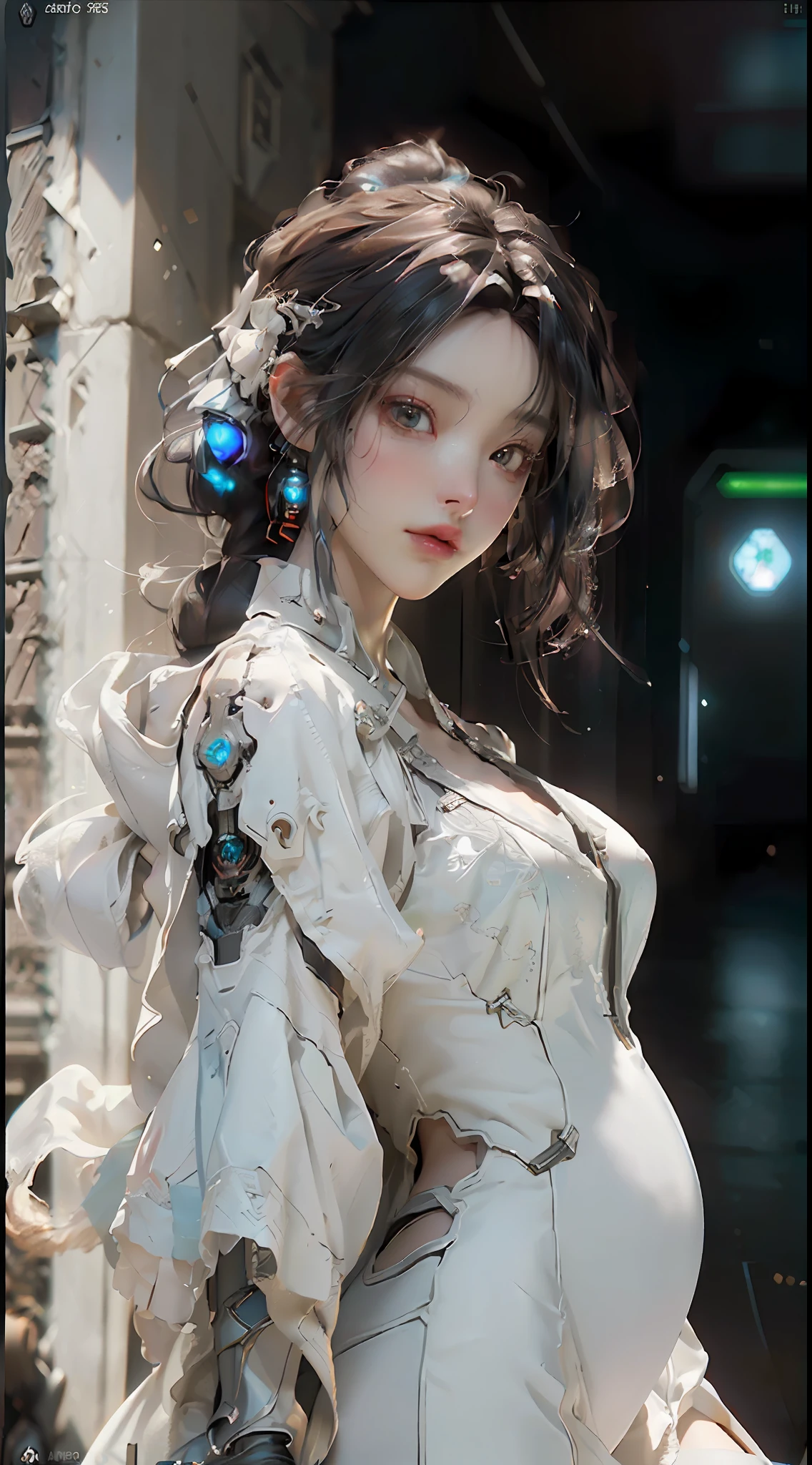 (Best Quality), ((Masterpiece), (Detail: 1.4), 3D, A Beautiful Cyberpunk Woman, HDR (High Dynamic Range), Ray Tracing, NVIDIA RTX, Super-Resolution, Unreal 5, Subsurface Scattering, PBR Textures, Post-Processing, Anisotropic Filtering, Depth of Field, Maximum Sharpness and Clarity, Multi-layer Textures, Albedo and Highlight Maps, Surface Shading, Accurate simulation of light-material interactions, perfect proportions, Octane Render, two-color light, large aperture, low ISO, white balance, rule of thirds, 8K RAW, pregnant women