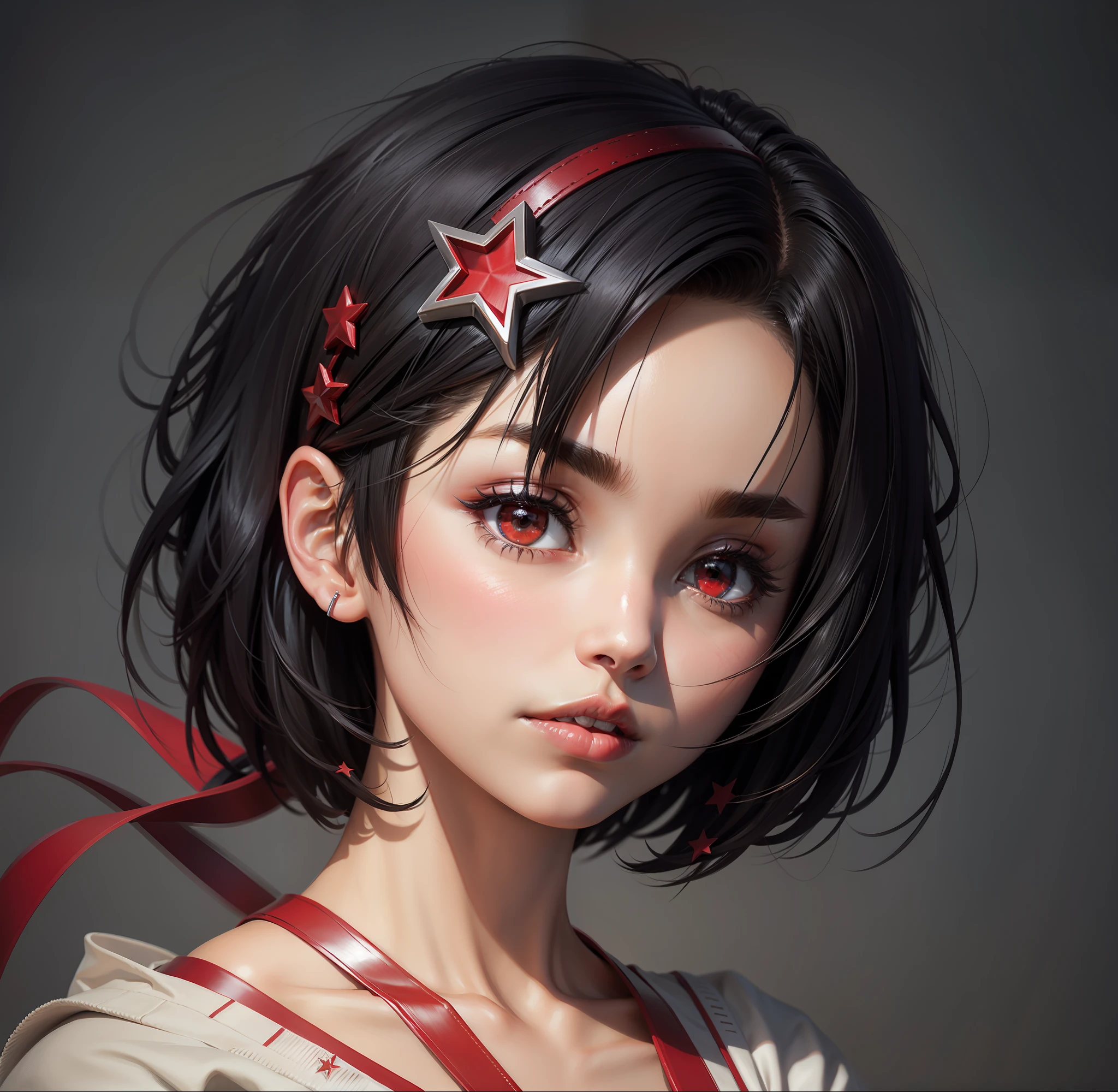 Short black hair with red stars in hairpins