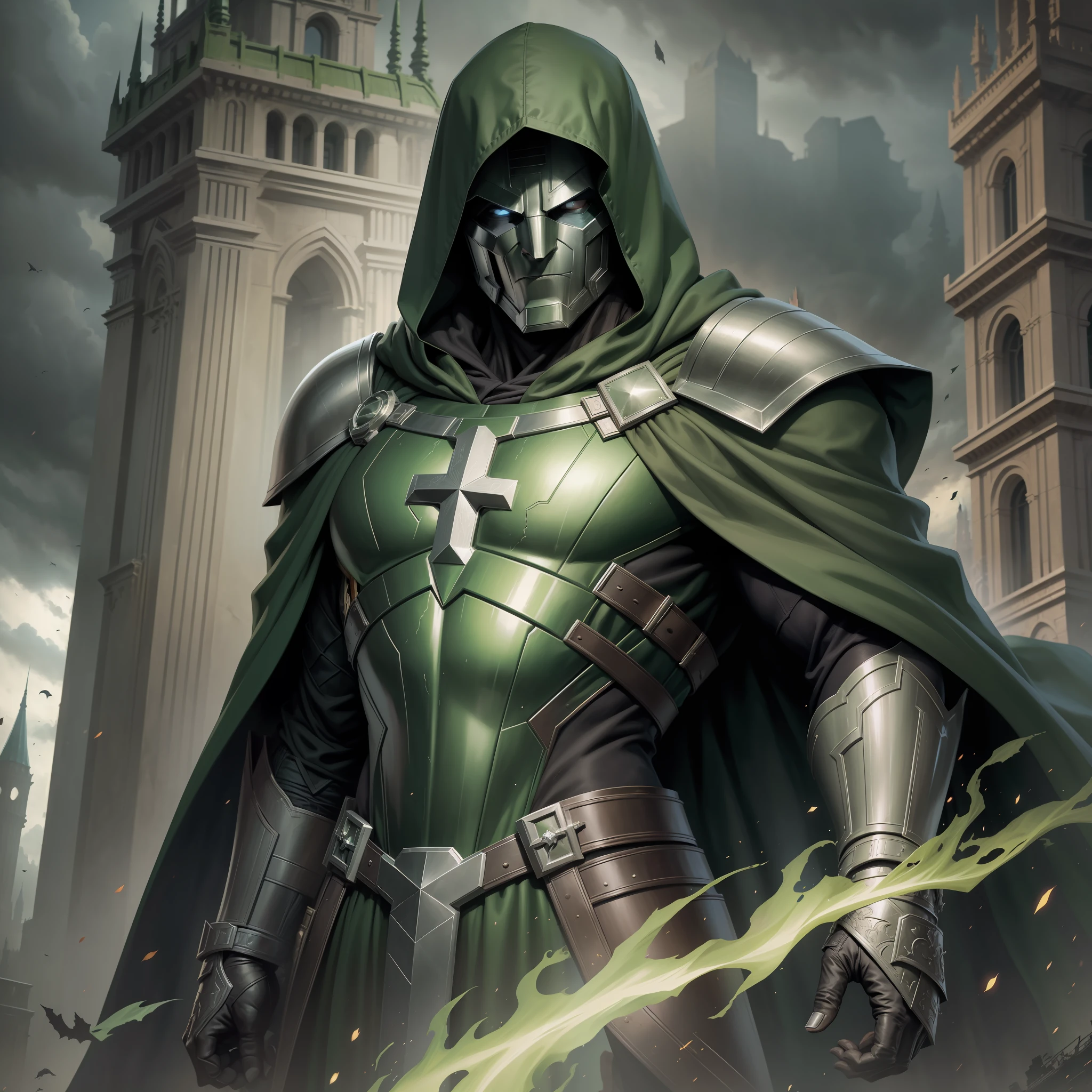 Extremely detailed and ultra-realistic depiction of Marvel's Doctor Doom, in his iconic armor with long green cape and hood along with his mask, standing firmly under a dark and ominous sky, with a magnificent palace in the far background, intricately designed with impeccable attention to detail. Very similar to the marvel comics