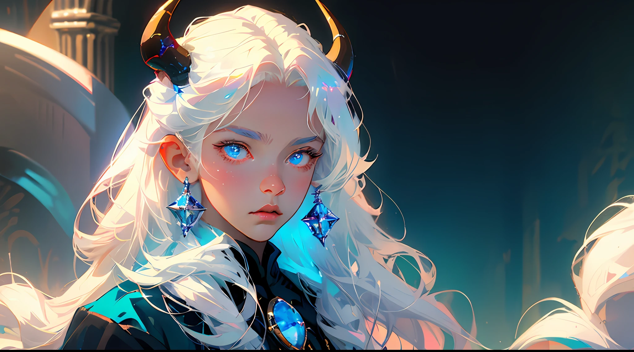 Perfect masterpiece, highest quality, perfect work of art, 8K, illustration, soft pale blue fur, white hair, black pupils, ghost horns, 2 horns, blue eyes, (boy, male, juvenile), bust photograph, gaze at the viewer.