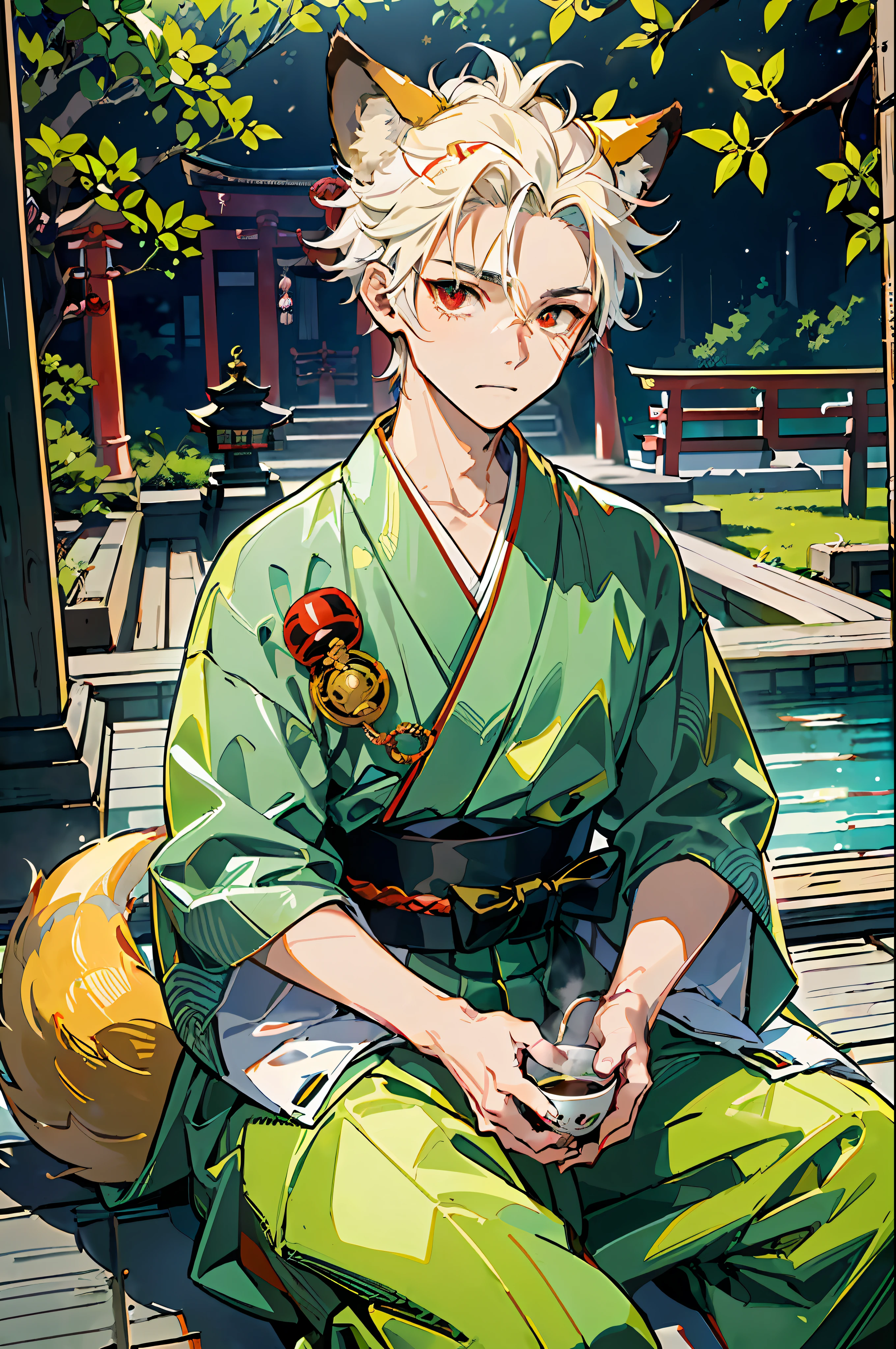 ((Representative work: 1.4, highest quality)), two boys standing, (blonde spiked hair and red eyes, fox ears and tail: 1.1), (green short hair and big eyes, raccoon ears and tail: 1.2), (Japan Shinto priest, white and light blue hakama: 1.3), sitting and drinking tea, the background is a temple in Kyoto.