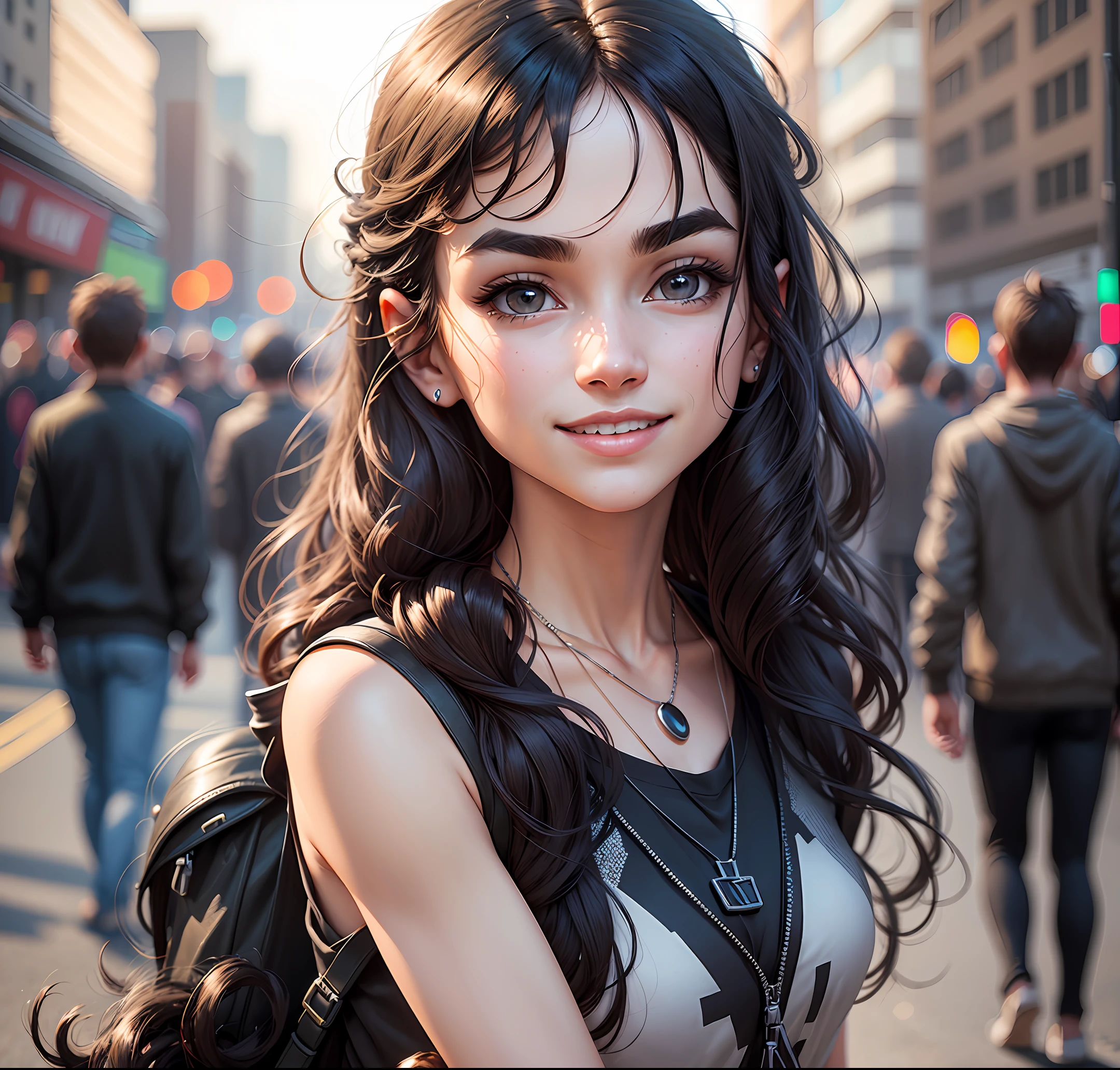 (extremely detailed CG unity 8k wallpaper), (masterpiece), (best quality), (ultra-detailed), (best illustration), (best shadow), (photorealistic:1.4),(PureErosFace_V1:0.5),real human skin, lens flare, shade, backlighting, depth of field, natural lighting, hard focus, film grain, looking at the viewer, 1 girl, 21 yo, solo, skinny, black t shirt, black pants, black mask, backpack, necklace, smile, pale skin, soft lips, (light eyebrow:1.4), brown eyes, black long wavy hair, (small breasts), street(crowd:1.2) --auto --s2