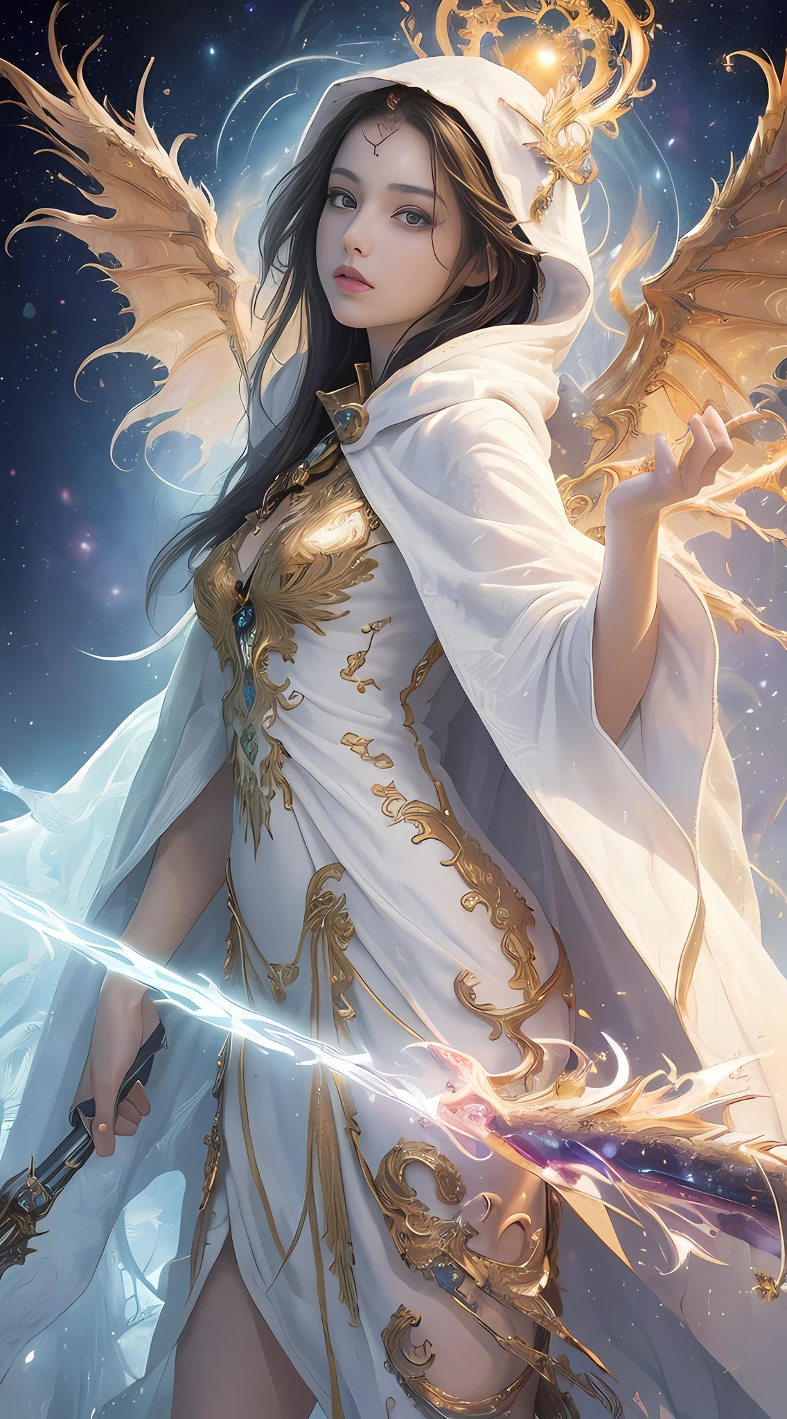 (masterpiece, top quality, best quality, official art, beautiful and aesthetic:1.2), (1girl), extreme detailed eyes, (fractal art:1.3), colorful, highest detailed, (perfect face), shiny skin, HDR, (white cloak golden lines:1.2), galaxy, (light streaks), striking visuals, (dynamic streaks, luminous trails:1.2), vibrant colors, (phoenix), (dragon)