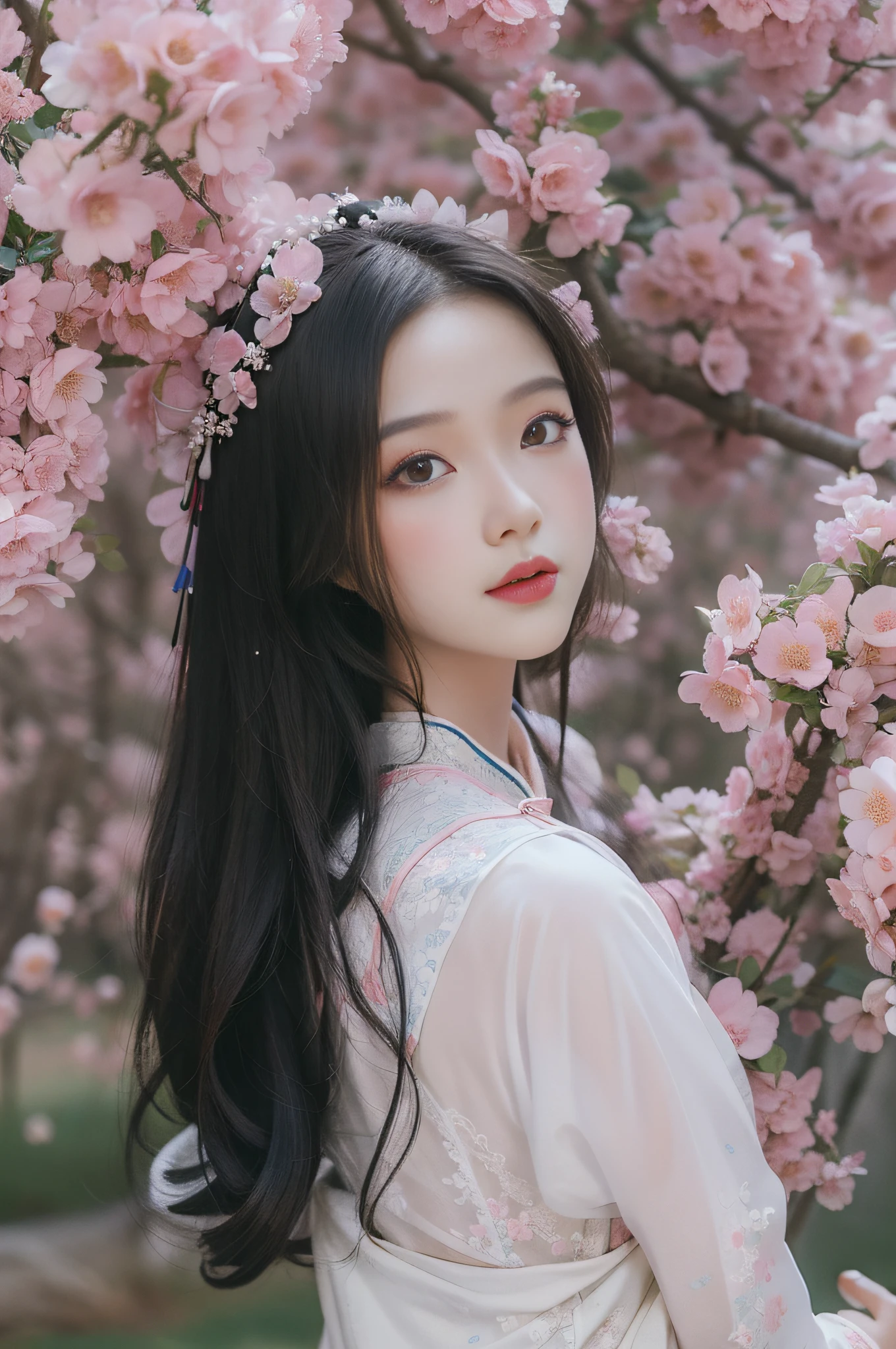 Arad woman in white dress standing in pink flower field, palace, girl in hanfu, chinese girl, by cold plum, white hanfu, girl in flower, cheongsam, chinese style, in pink forest, middle yuan festival, chinese woman, with no people, landscape, vanishing point, from below, masterpiece, best quality, 8k, absurd, water, summer, noon, sunlight, blue sky, perspective, depth of field, high resolution, fine detail, super detail, sharp focus
 
model

majicMIX sombre
style

Chinese girls in wedding dress or hakama or hanfu in marvellous scene su晴らしいシーンのウェディングドレスを着た女の子 Girl in wedding dress or hanfu in a beautiful scene

0.8
Redraw intensity

0.35
Base settings
Image size

2 : 3
wide

683
high

1024
Advanced configuration
Send to Venturon
Flowers, Chinese costume, woman in flowers