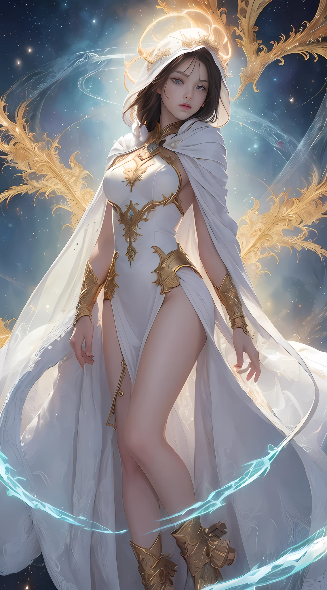 (masterpiece, top quality, best quality, official art, beautiful and aesthetic:1.2), (1girl), extreme detailed eyes, (fractal art:1.3), colorful, highest detailed, (perfect face), shiny skin, HDR, (white cloak golden lines:1.2), galaxy, (light streaks), striking visuals, (dynamic streaks, luminous trails:1.2), vibrant colors, (phoenix), (dragon)