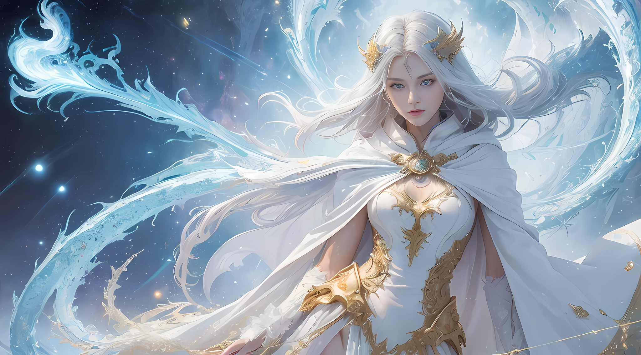 (masterpiece, top quality, best quality, official art, beautiful and aesthetic:1.2), (1girl), extreme detailed eyes, (fractal art:1.3), colorful, highest detailed, (perfect face), shiny skin, HDR, (white cloak golden lines:1.2), galaxy, (light streaks), striking visuals, (dynamic streaks, luminous trails:1.2), vibrant colors, (phoenix), (dragon)