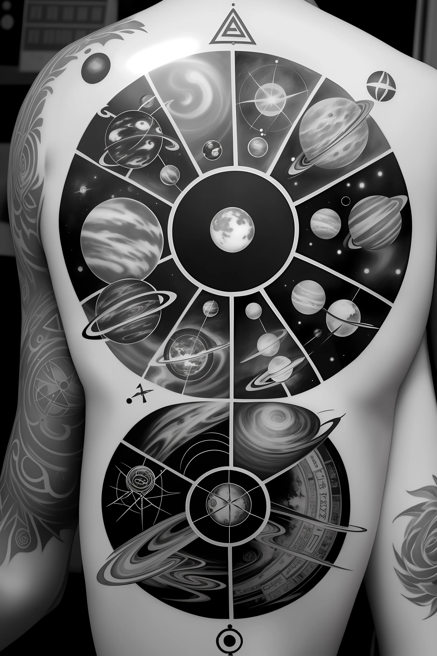 Black and white tattoo. A delta in the center, surrounded by chemical elements, planets and airplanes