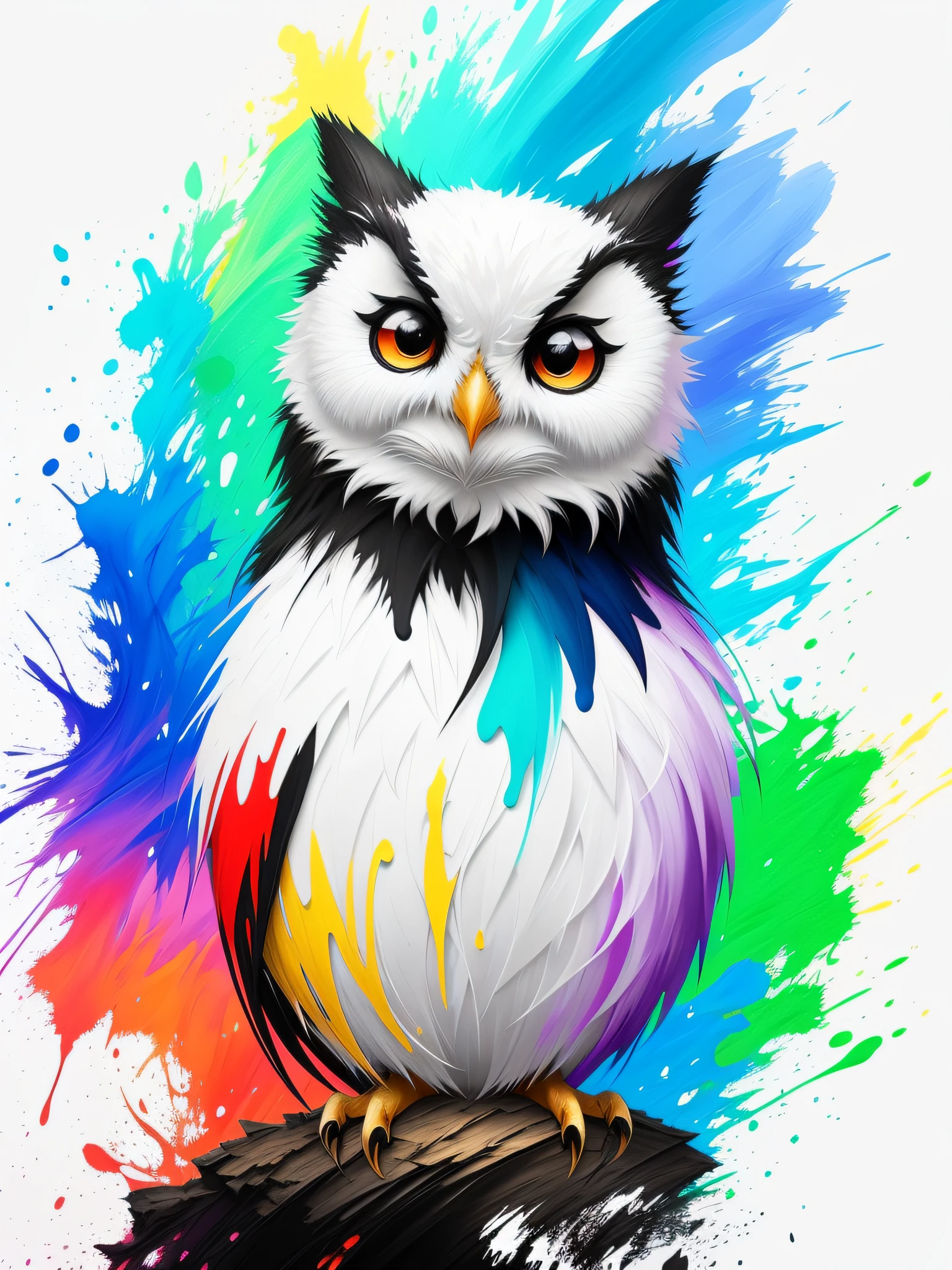 Splash art, a cute chibi owl 
, ((white background)), roaring, epic Instagram, artstation, splash style of colorful paint, contour, hyperdetailed intricately detailed , unreal engine, fantastical, intricate detail, splash screen, complementary colors, fantasy concept art, 8k resolution,  deviantart masterpiece, oil painting, heavy strokes, paint dripping, splash arts