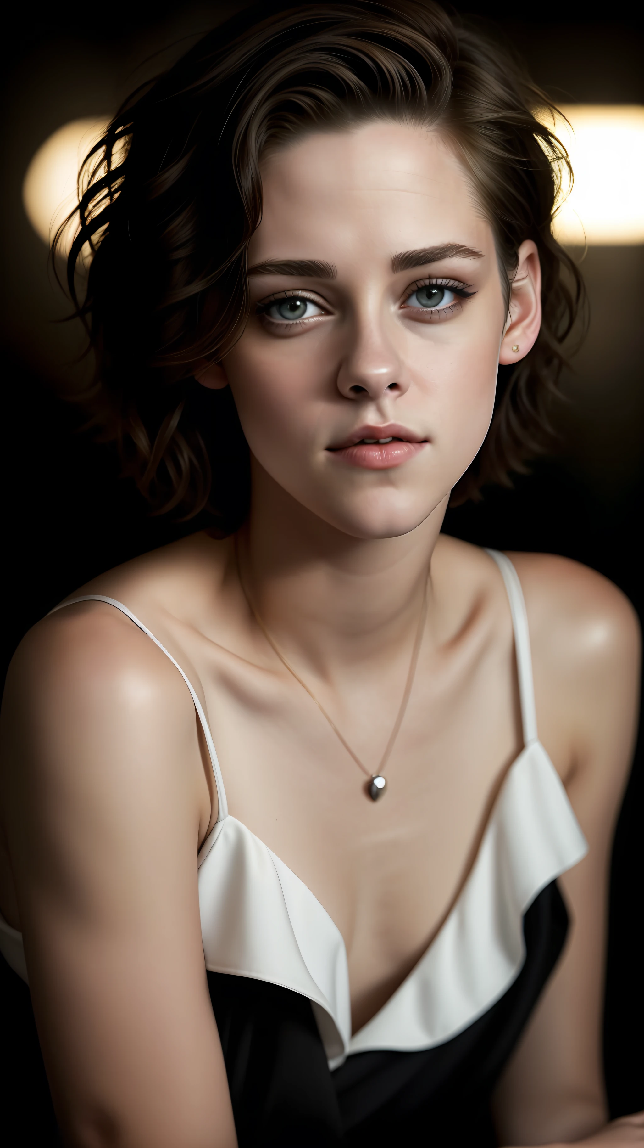 Kristen Stewart, (short curls hair like boy), atmospheric lights, god rays, perfect female face, ultradetailed, with black stripes, detailed skin, ultra realistic, bokeh, sharp features, best quality, ultra high res, detailed face, realistic face, full body, raw photo, shallow depth of field, hdr, 8k, cinematic, ultradetaled eyes, ultra realism, hyper realism soft light,