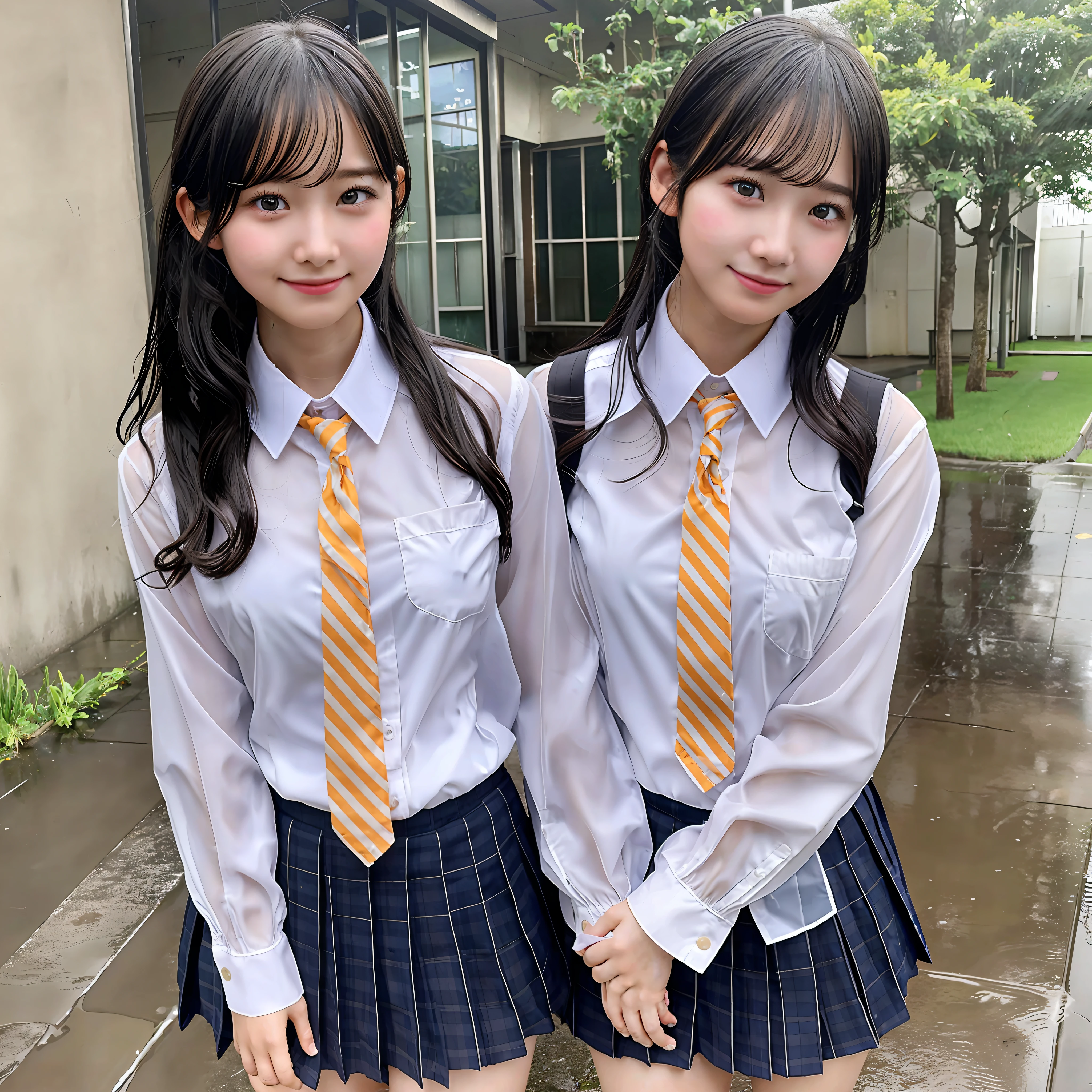 Beautiful rain background, full body wet, black hair, smile, favorite partner, (8k, RAW photo, top quality, masterpiece: 1.2), (realistic, photorealistic: 1.37), (very detailed: 1.2), detailed skin texture, (clear and clear photo image: 1.2), mature, schoolgirl, chest sticking out pose, normal breast, school uniform, classroom, red cheeks, embarrassed, wet and see-through, Underwear is sheer