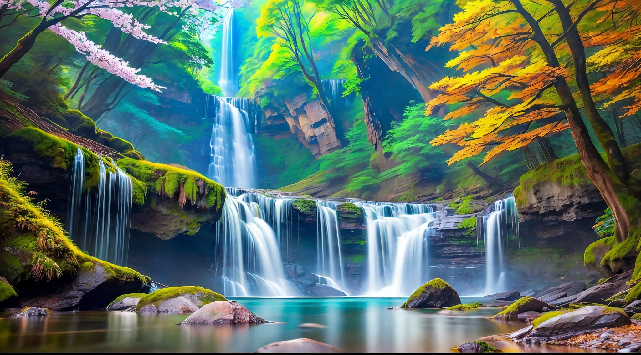 an extremely detailed photo of nature scenery with waterfall, surreal, spring, detailed, intricate, elegant, flexible, highly detailed, digital painting, art station, concept art, smooth, sharp focus, illustration