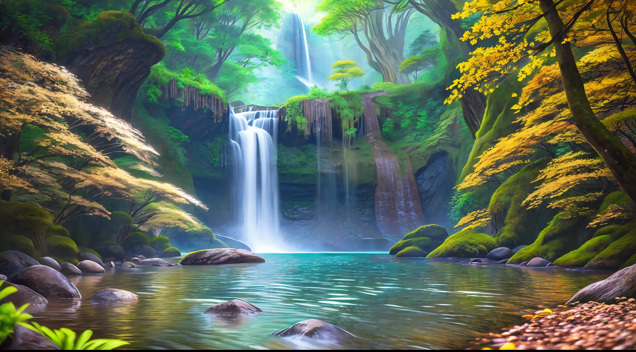 an extremely detailed photo of nature scenery with waterfall, surreal, spring, detailed, intricate, elegant, flexible, highly detailed, digital painting, art station, concept art, smooth, sharp focus, illustration