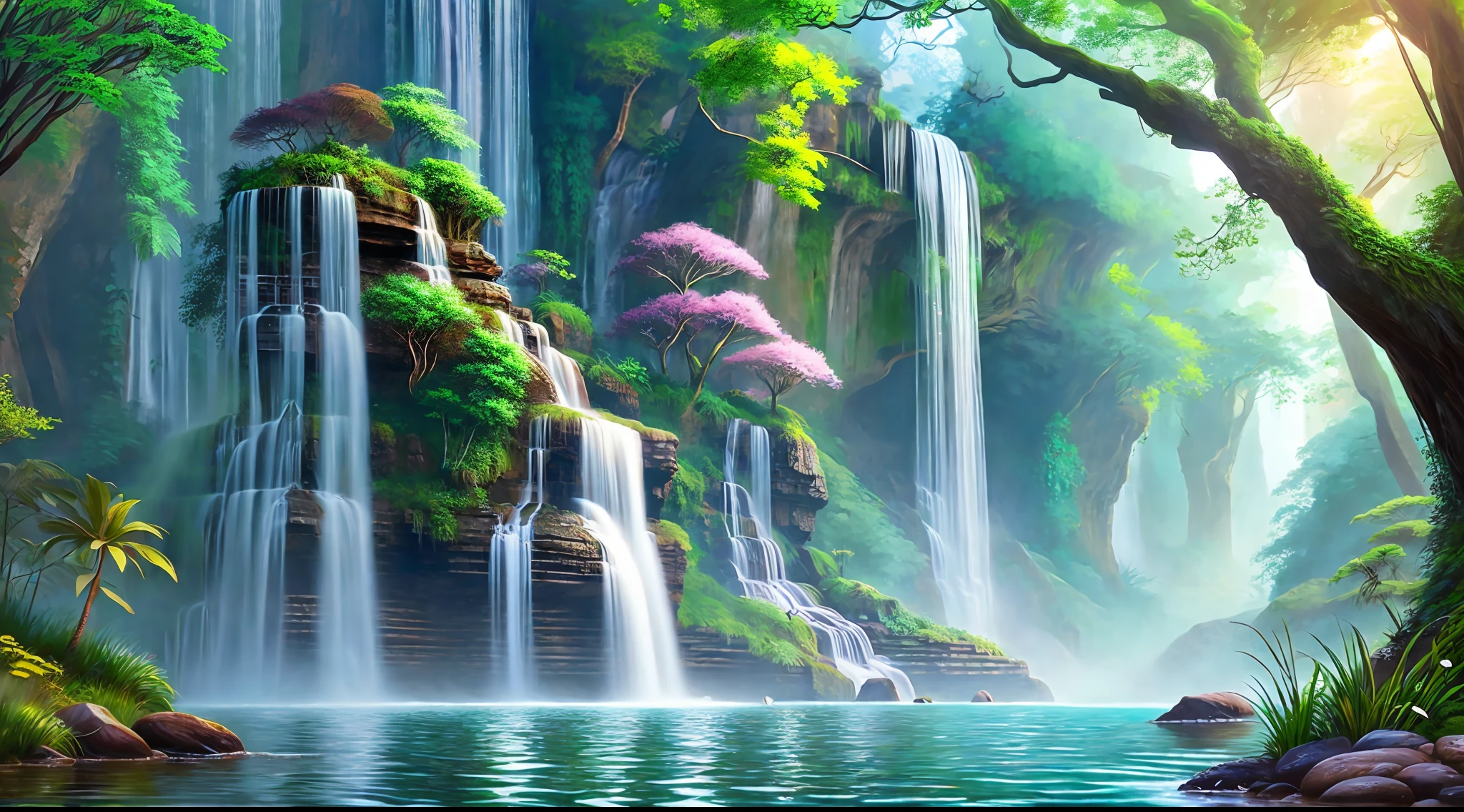 an extremely detailed photo of nature scenery with waterfall, surreal, spring, detailed, intricate, elegant, flexible, highly detailed, digital painting, art station, concept art, smooth, sharp focus, illustration