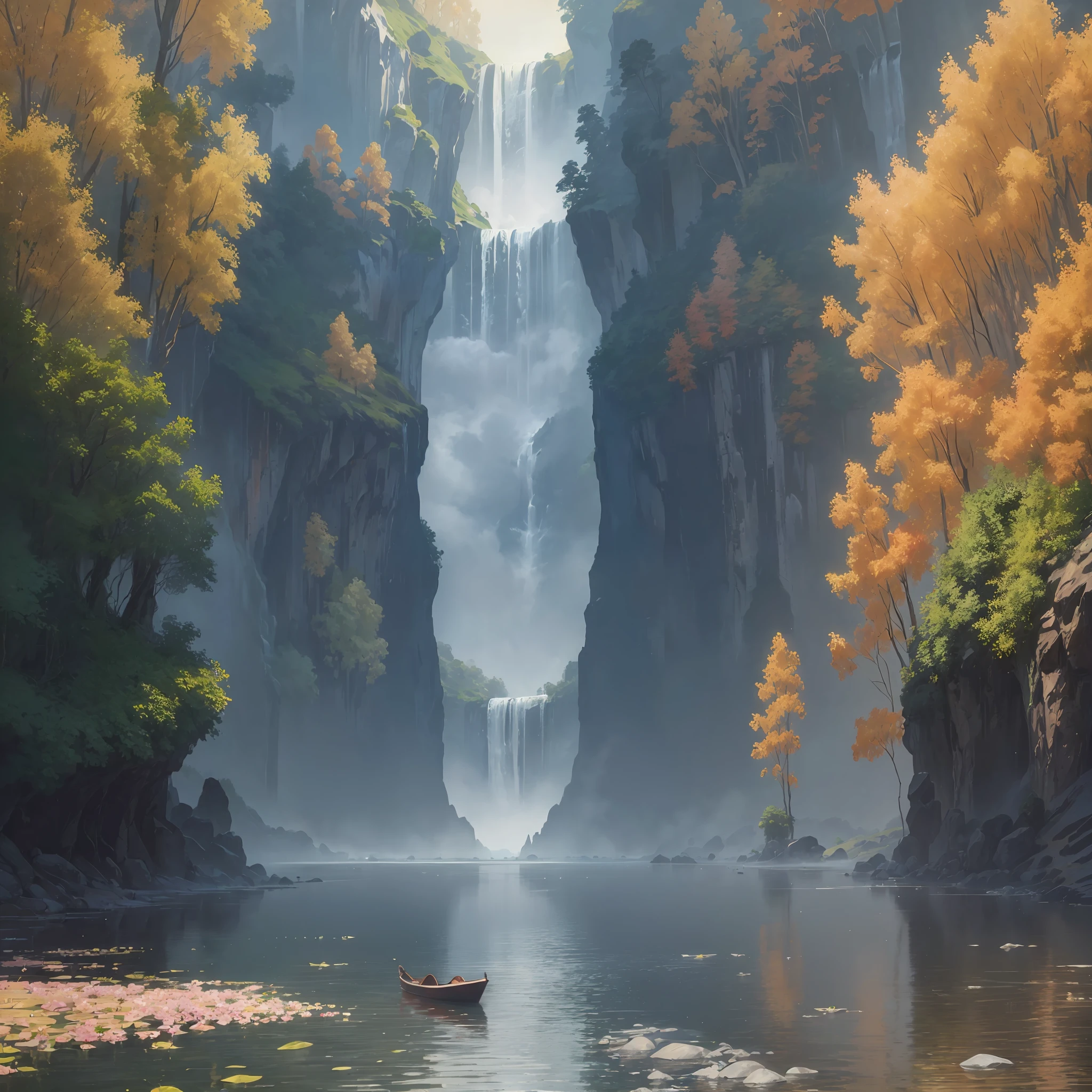 Simulation style, Chroma V5, nvinkpunk, (very detailed CG unified 8k wallpaper), majestic river, trees on both sides, small waterfalls, dense fog, Bloom, HDR, rich colors, strong color contrast, vivid colors, delicate visual effects, meticulous color aberration processing, rich details, elegant and smooth light and shadow effects, beautiful composition, strong depth of field, delicate and smooth waterfalls, vivid and vivid overall rendering of the picture, at the same time, try to combine Monet, Pissarro and Sisley's painting style references trends on ArtStation and CGSociety, and incorporates midjourney's artistic style. --auto --s2