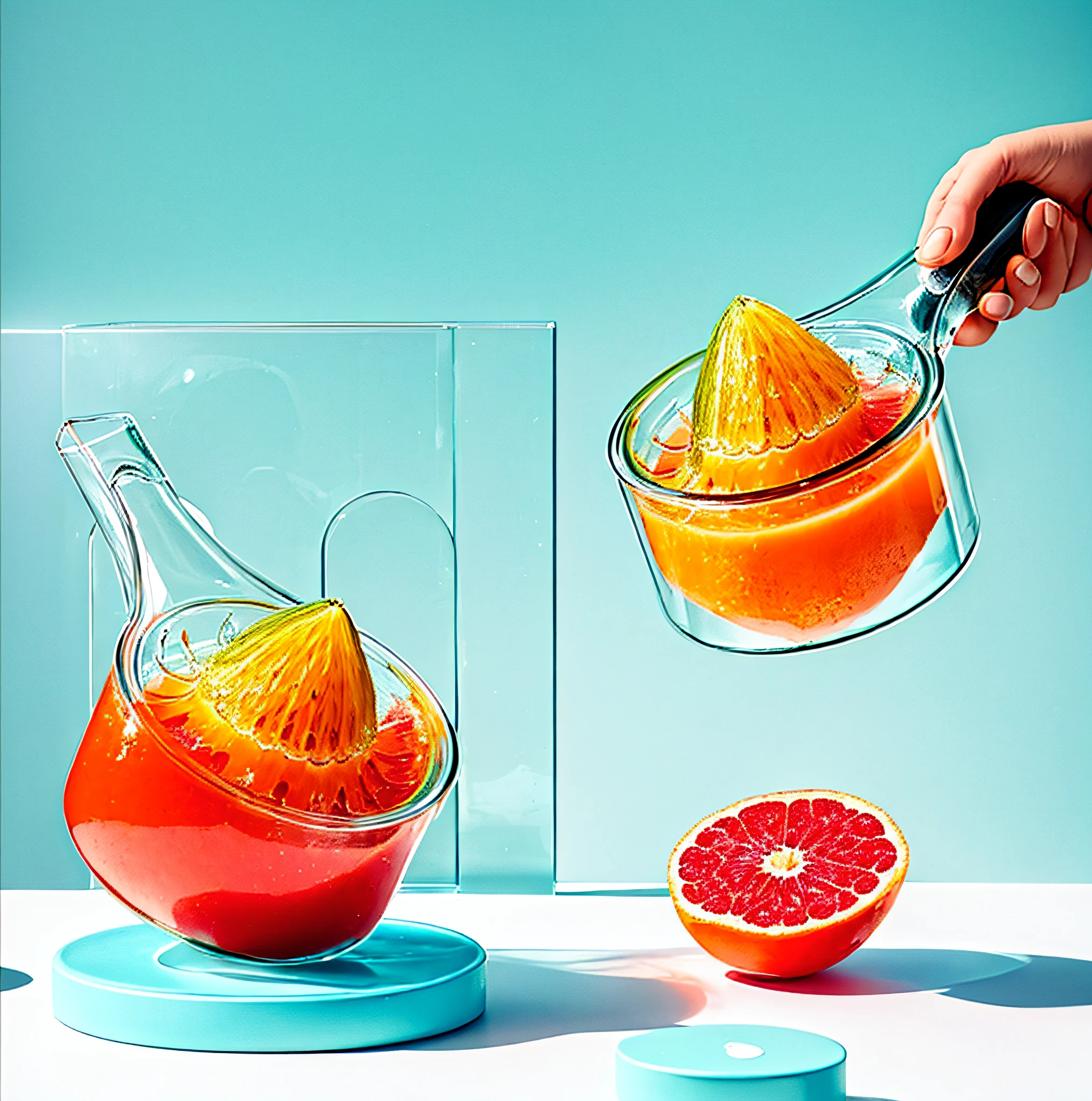 someone is squeezing a grapefruit into a glass container, product design shot, professional product photo, juicy color, product photography, commercial product photography, iralki nadar, 2 colors, juicy, by Etienne Delessert, 3 colour, dramatic product photography, by Konrad Witz, surreal object photography, juice, spilling juice, high quality product photography