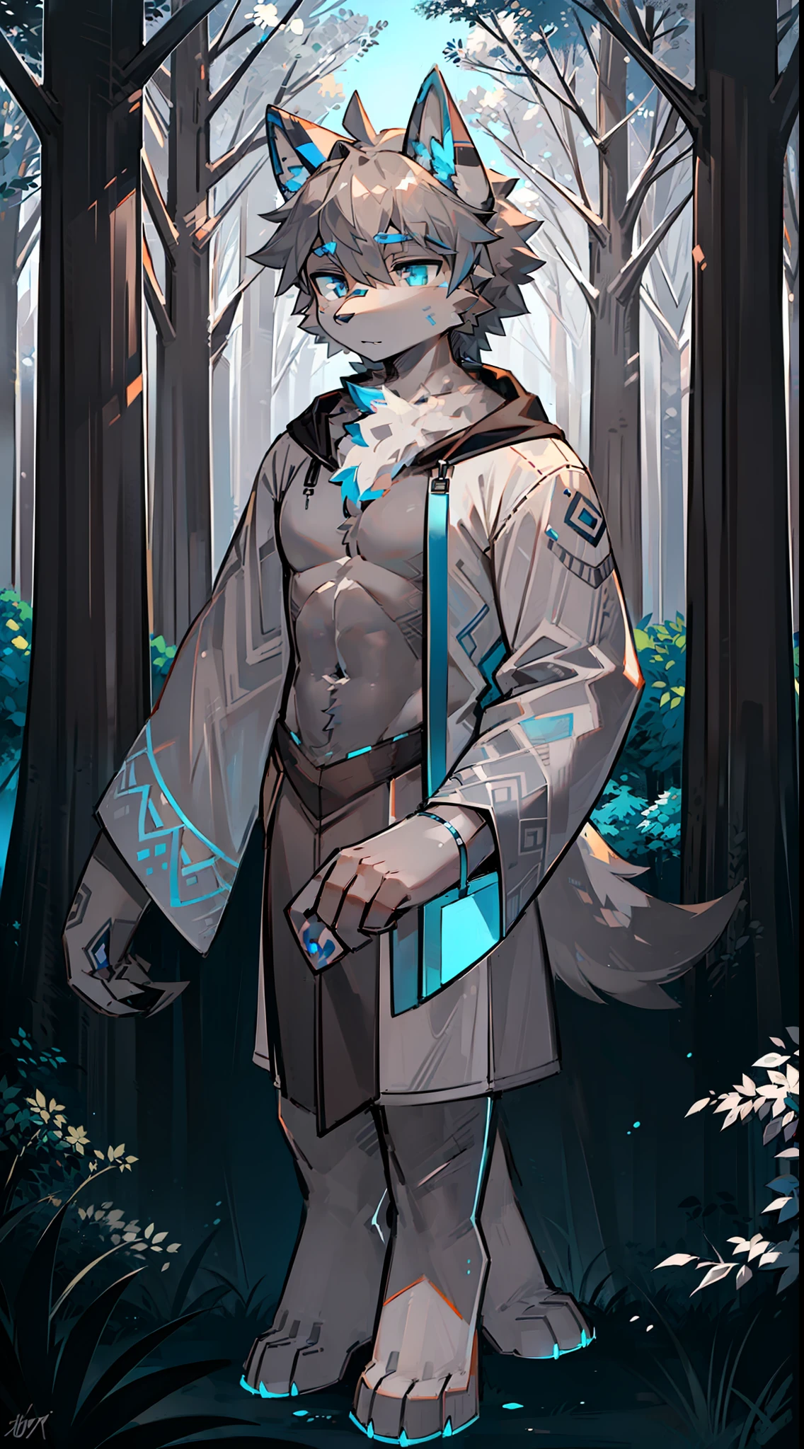 wolf,(body color gray:1.8),(body color white:1.3),(black gray hair:1),(forest:1.2),people,(dark blue eye:1.3),(blue ear1.8), 1 boy,(stand)