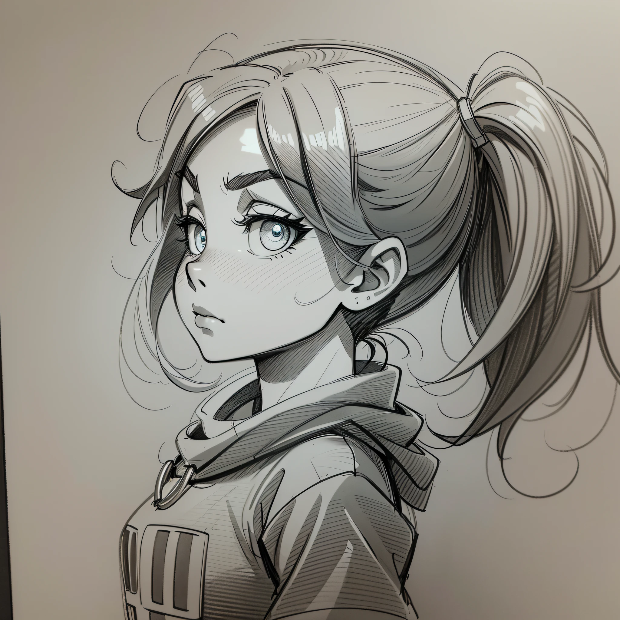 Best quality, ultra-detailed pencil sketch, greyscale, profile standing sideways pose, tired expression, vanellope from wifi ralph, glowing eyes.