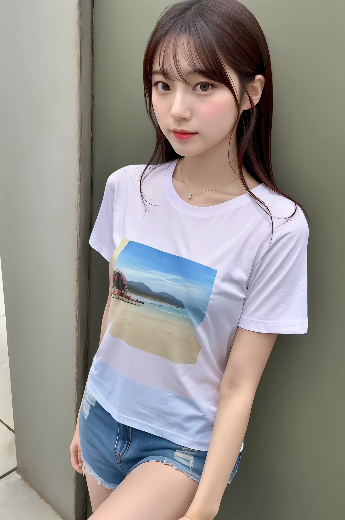 seaside, Japan model, young sensual idol, young cute idol, realistic young idol, realistic sensual idol, young idol, sophisticated idol, Yoshitomo Nara, young skinny idol, beautiful asian girl,, t-shirt