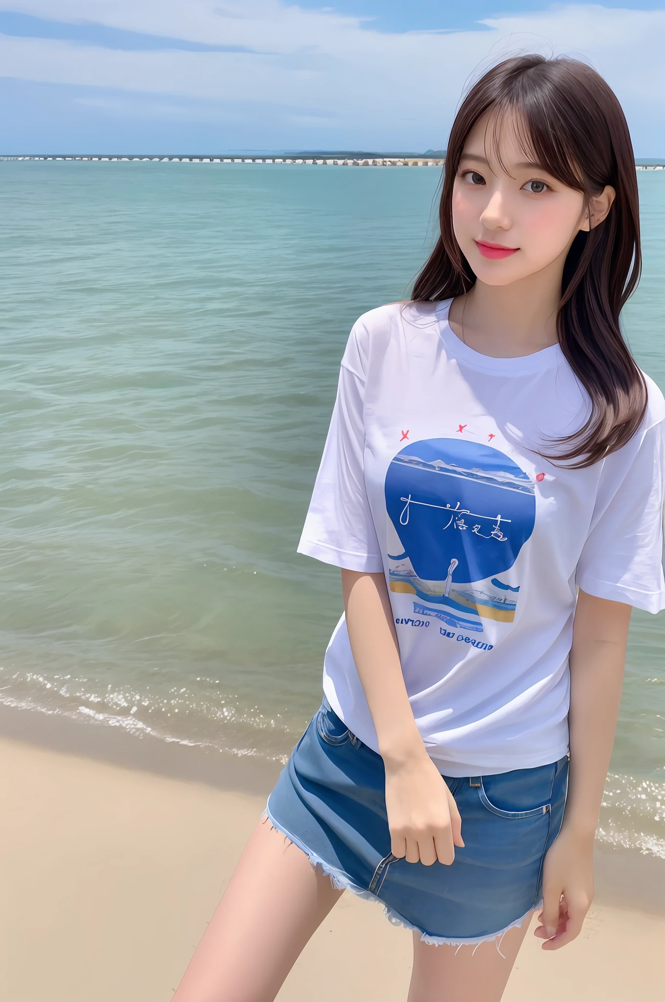 seaside, Japan model, young sensual idol, young cute idol, realistic young idol, realistic sensual idol, young idol, sophisticated idol, Yoshitomo Nara, young skinny idol, beautiful asian girl,, t-shirt