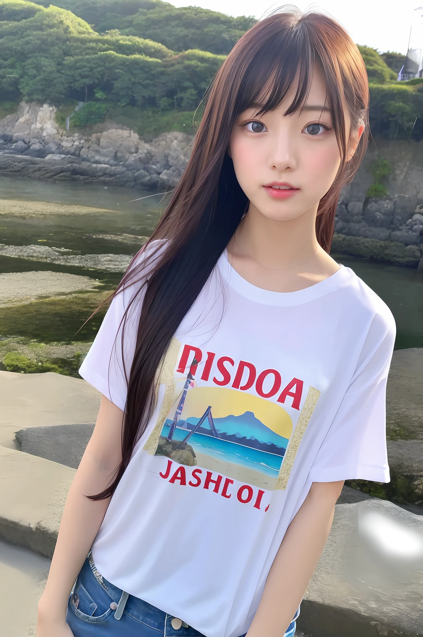 seaside, Japan model, young sensual idol, young cute idol, realistic young idol, realistic sensual idol, young idol, sophisticated idol, Yoshitomo Nara, young skinny idol, beautiful asian girl,, t-shirt