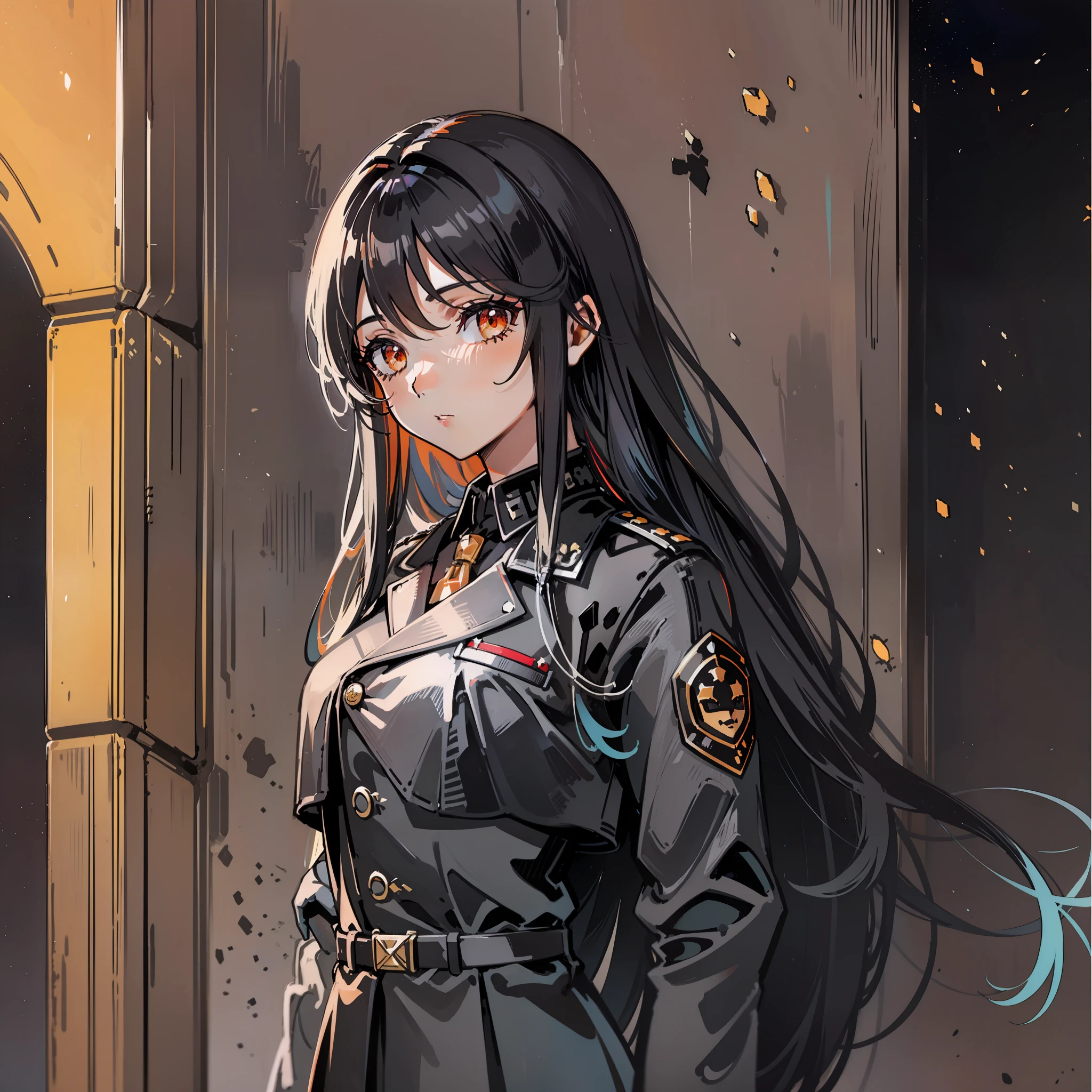 A woman with long black hair and orange eyes standing under the moonlight, weaaring a black soldier's uniform