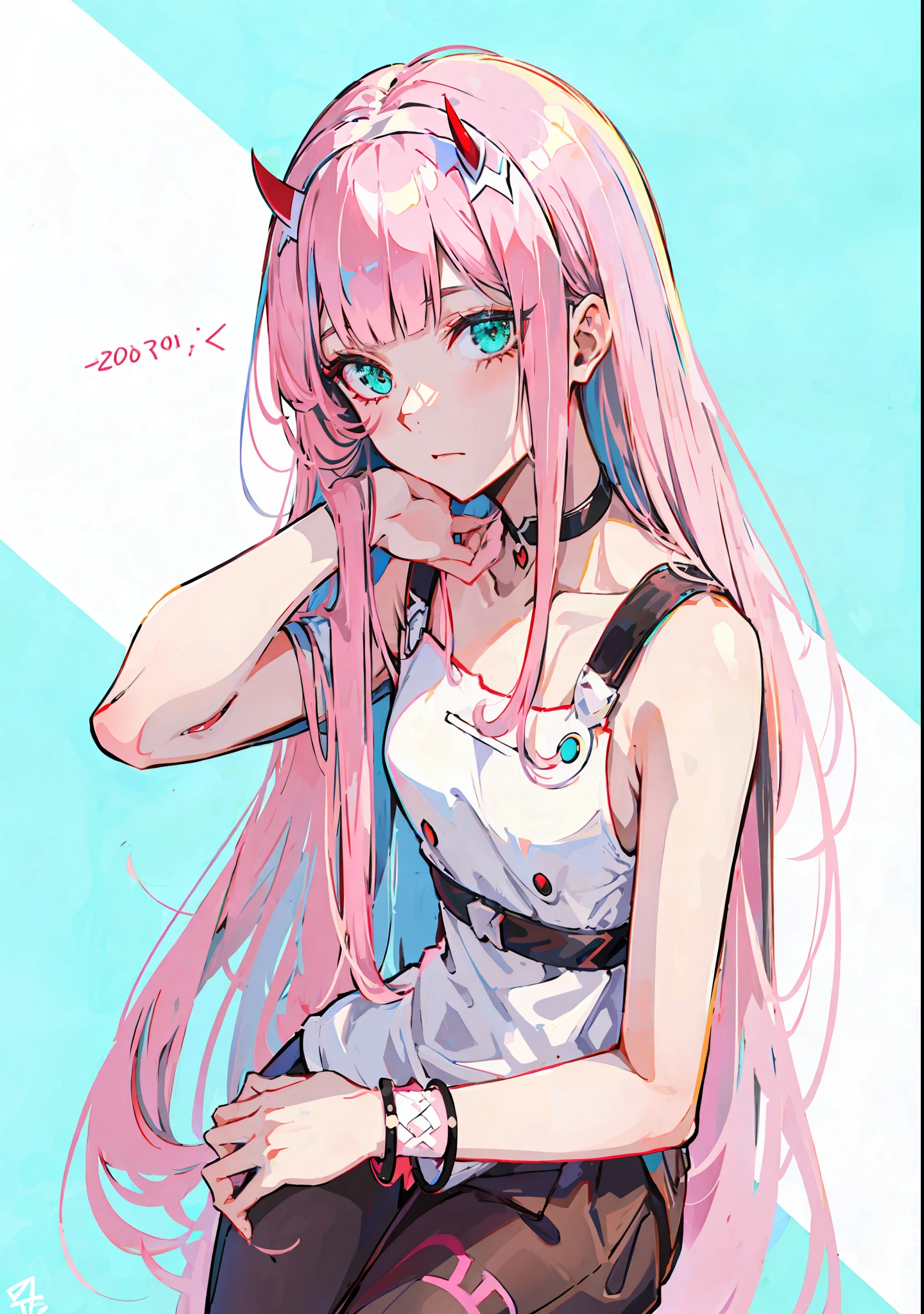 zero two \(darling in franxx\), darling in franxx, 1girl, bangs, bite, eyeshadow, green eyes, horns, black choker, black bracelet, emo acessories, long hair, small breasts, makeup, white shirts, pink hair, red eyeshadow, tight skin, solo