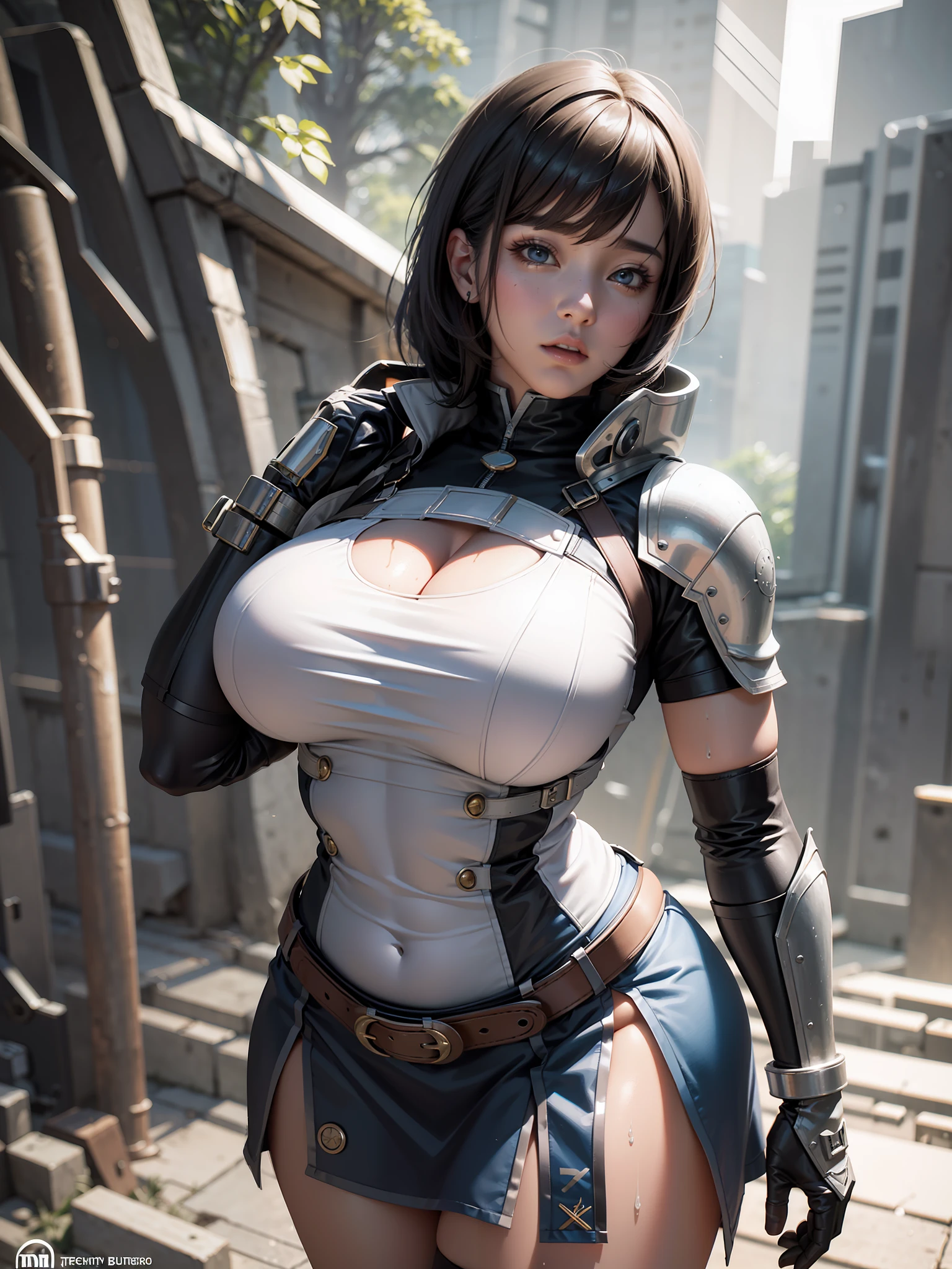 Unreal Engine 5 Realistic Render, wearing cosplay super-girl and lower skirt, hot model Korean, front bangs hair, beautiful face, top body is hyper realistic thicc muscle and hyper largest_breasts!! with the type of boobs_melons, lower is huge buttocks, wet shiny body --auto --s2