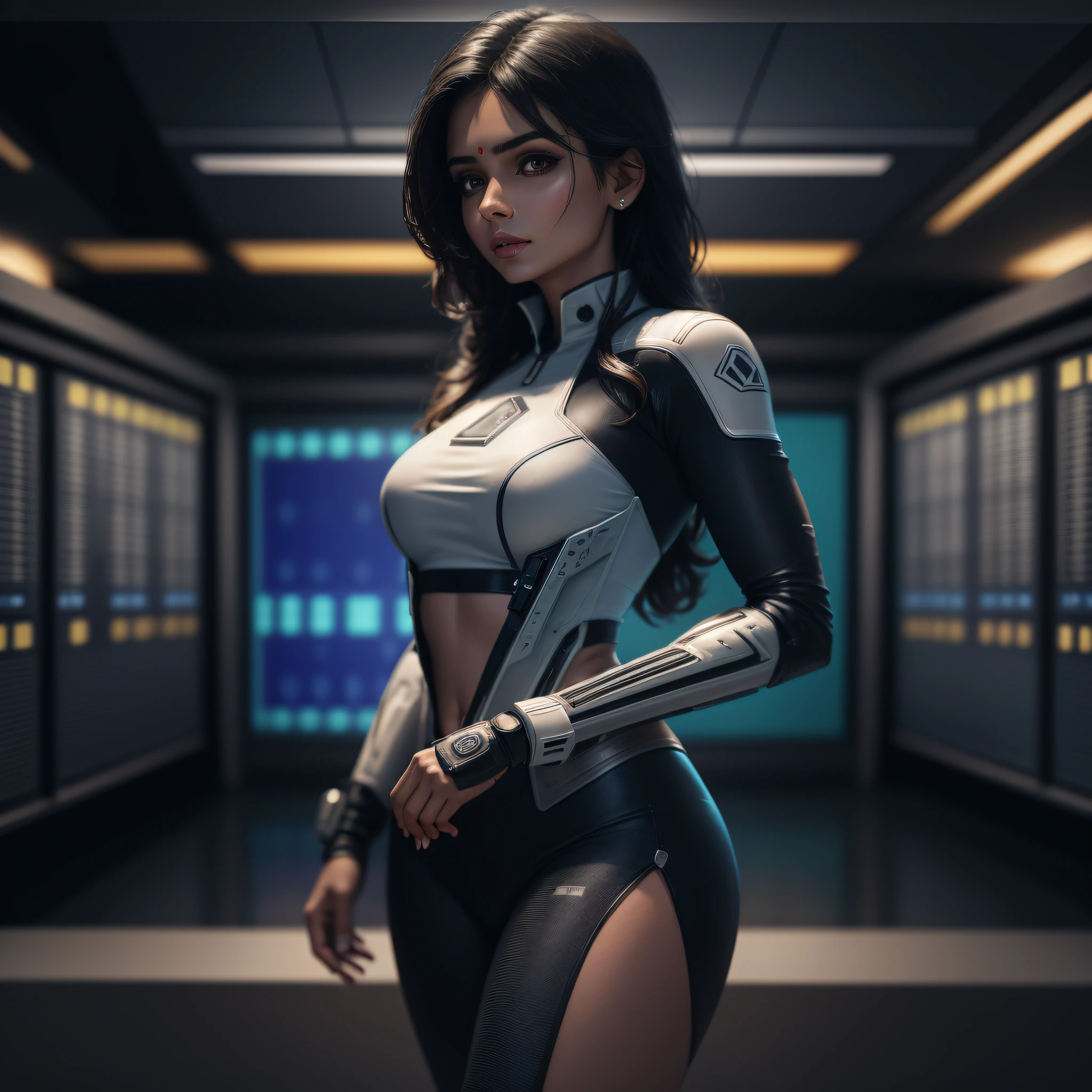 create an indian woman standing in a room,holding tablet in hands,highly realistic woman,very detailed,ultra-detailed,ultra-realistic,scientist outfit,transparent white clothes,sexy,seductive,ultra-realistic fabric textures,detailed and ultra-realistic hands,realistic face,ultra-detailed face,black haired, standing in a server room, realistic data center, rhythm in server room, in futuristic lab room, in detailed data center,high detail, modern, drop shadow, cinematic lighting, high details, high quality, best quality,detailed skin,detailed eyes,complex makeup,realistic texture --auto --s2