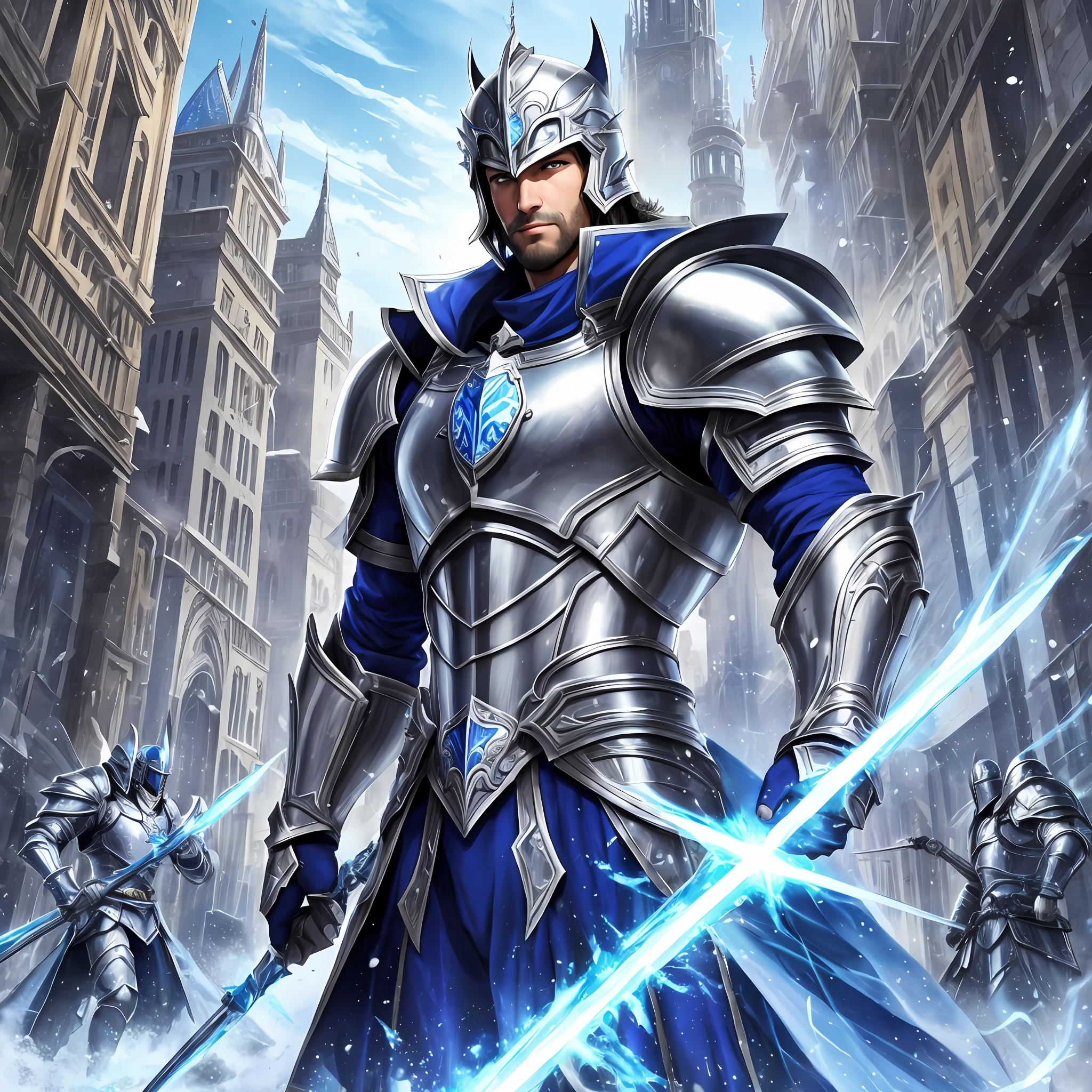 arafed image of a man in a blue and white costume, husky in shiny armor, blue and ice silver color, arsen lupin as a paladin, paladin costume, silver armor, the knight in armor, with elegant silver armor, a human male paladin, ice colored reflected armor chip, dressed in light armor, medieval city background, zombies, blood, destruction --auto --s2