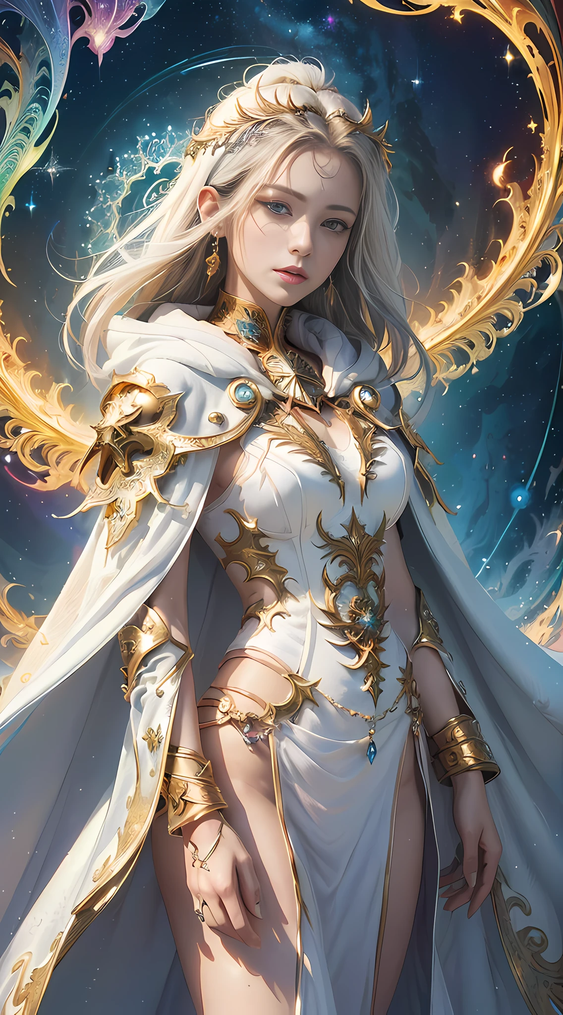 (masterpiece, top quality, best quality, official art, beautiful and aesthetic:1.2), (1girl), extreme detailed eyes, (fractal art:1.3), colorful, highest detailed, (perfect face), shiny skin, HDR, (white cloak golden lines:1.2), galaxy, (light streaks), striking visuals, (dynamic streaks, luminous trails:1.2), vibrant colors, (phoenix), (dragon)