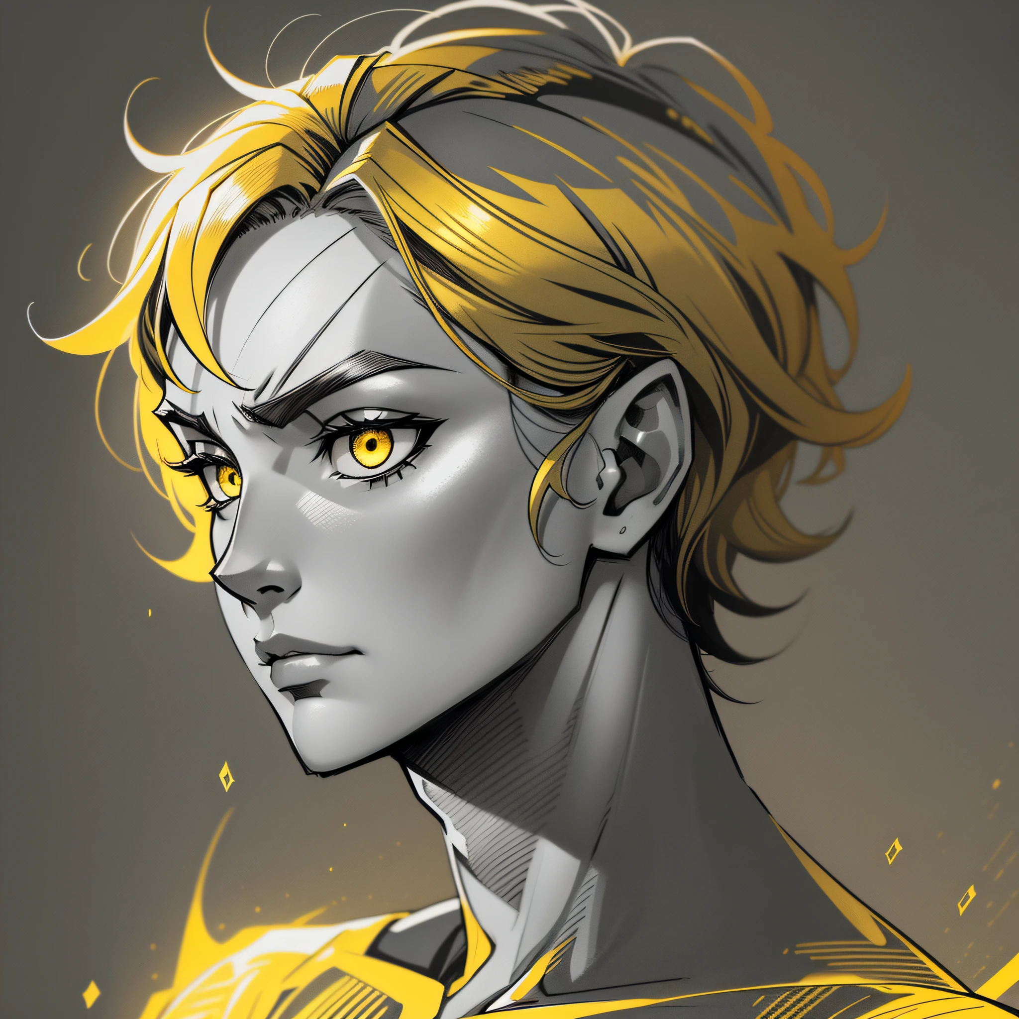 greyscale manga style pencil sketch of a tired beautiful man short hair male omnipotent entity, glowing gold eyes, profile standing sideways pose