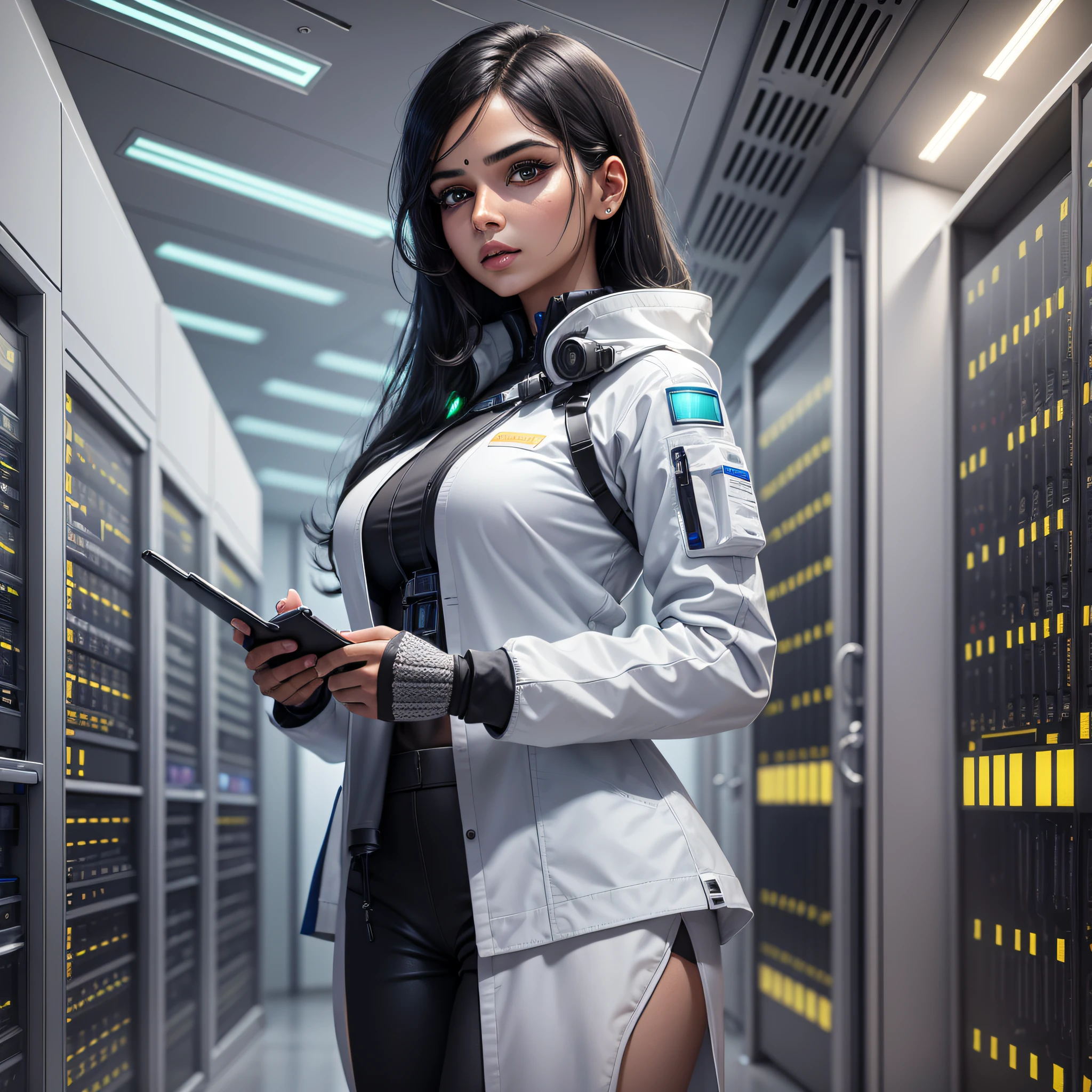 create an indian woman standing in a room,holding tablet in hands,highly realistic woman,very detailed,ultra-detailed,ultra-realistic,scientist outfit,white clothes,ultra-realistic fabric textures,detailed and ultra-realistic hands,realistic face,ultra-detailed face,black haired, standing in a server room, realistic data center, rhythm in server room, in futuristic lab room,  in detailed data center,high detail,modern,drop shadow,cinematic lighting,high details,high quality,best quality,detailed skin,detailed eyes,complex makeup,realistic texture --auto --s2
