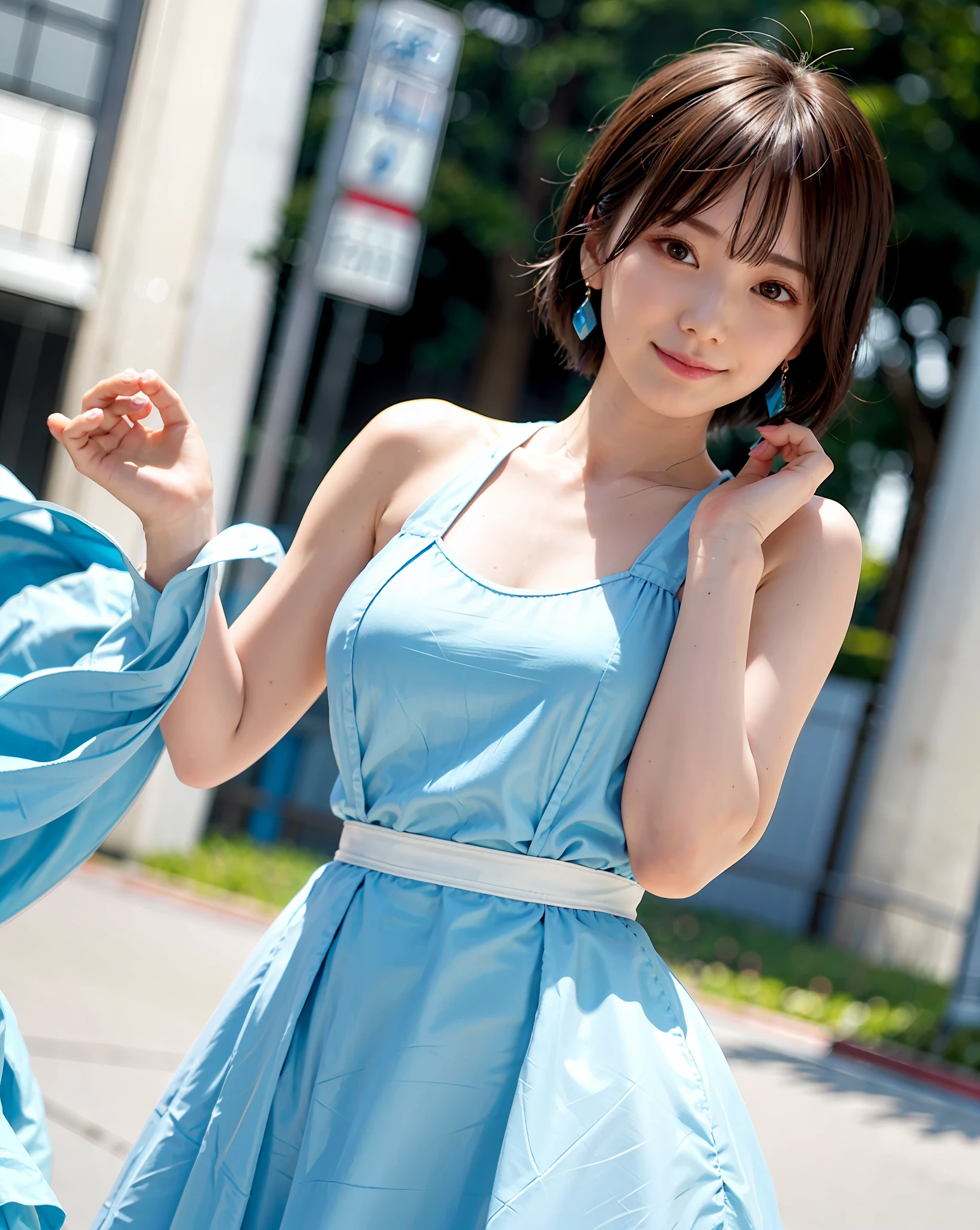 a woman posing on the street corner with light blue dress on, best quality, 1girl, large breasts, day, bright, blur background, bokeh, outdoor, (street:0.8), (people, crowds:1), (lace-trimmed dress:1.5, sleeveless dress, light blue clothes, light blue high-neck dress:1.2, blue dress: 1.5), gorgeous, (short hair, forehead:1.2), beautiful detailed sky, earrings, (dynamic pose:1.2), (upper body:0.8), soft lighting, wind, shiny skin, smile,