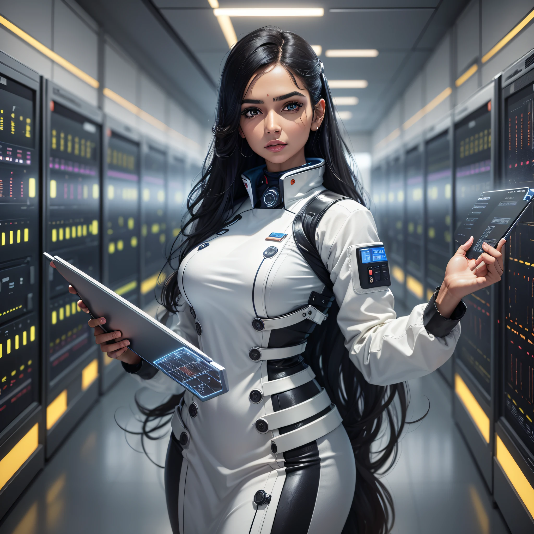 create an indian woman standing in a room,holding tablet in hands,highly realistic woman,very detailed,ultra-detailed,ultra-realistic,scientist outfit,white clothes,ultra-realistic fabric textures,detailed and ultra-realistic hands,realistic face,ultra-detailed face,black haired, standing in a server room, realistic data center, rhythm in server room, in futuristic lab room,  in detailed data center,high detail,modern,drop shadow,cinematic lighting,high details,high quality,best quality,detailed skin,detailed eyes,complex makeup,realistic texture --auto --s2