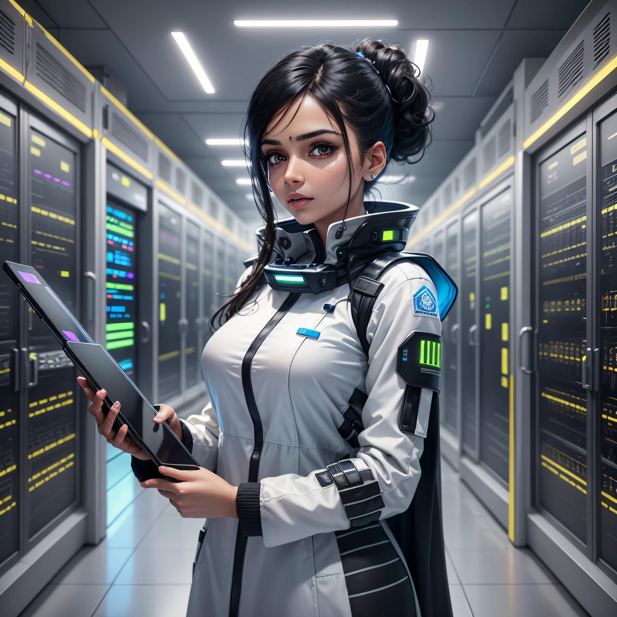 create an indian woman standing in a room,holding tablet in hands,highly realistic woman,very detailed,ultra-detailed,ultra-realistic,scientist outfit,white clothes,ultra-realistic fabric textures,detailed and ultra-realistic hands,realistic face,ultra-detailed face,black haired, standing in a server room, realistic data center, rhythm in server room, in futuristic lab room, in detailed data center,high detail,modern,drop shadow,cinematic lighting,high details,high quality,best quality,detailed skin,detailed eyes,complex makeup,realistic texture --auto --s2
