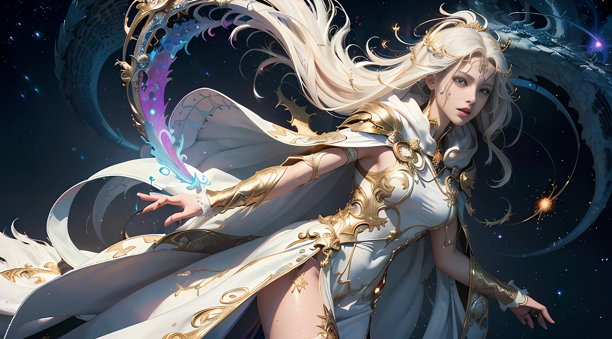 (masterpiece, top quality, best quality, official art, beautiful and aesthetic:1.2), (1girl), extreme detailed eyes, (fractal art:1.3), colorful, highest detailed, (perfect face), shiny skin, HDR, (white cloak golden lines:1.2), galaxy, (light streaks), striking visuals, (dynamic streaks, luminous trails:1.2), vibrant colors, (phoenix), (dragon)
