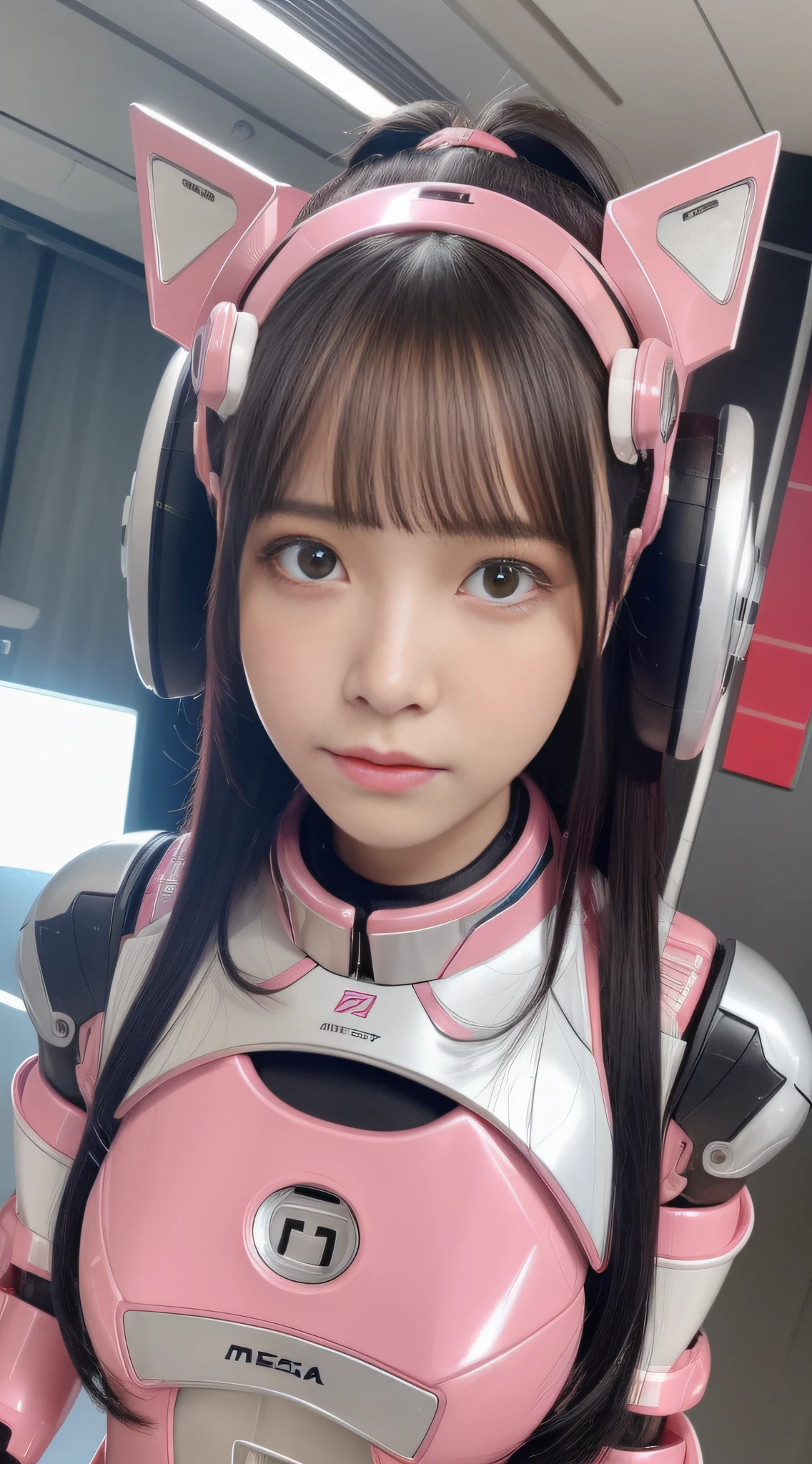 Mecha Girl, Pink, Metallic, Robot Parts, Detailed Face, Top Quality, Small Face, Full Body, Standing, Black Hair, Half Twin, Thin, Camera Gaze, Mecha Exposure, Idol, Live Action,, 7 Heads, Gravure, Photo Session