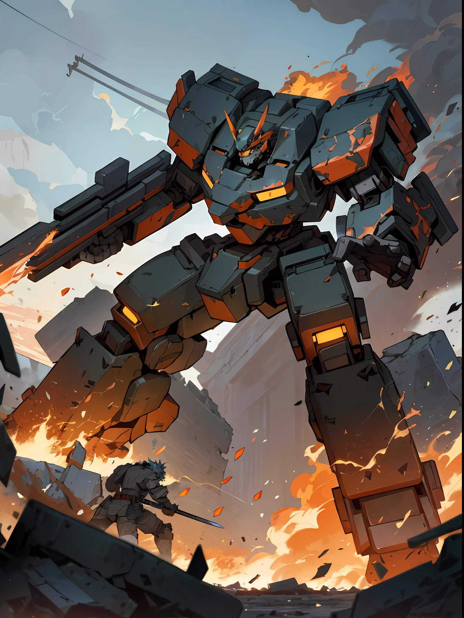 Lion-themed combat robots engage in fierce battles in ruined and crumbling buildings. Its metal body is sturdy and armed with swords and guns. During battle, robots emit roaring energy sounds and launch ferocious attacks. The surrounding landscape is dark and gloomy, with fragments of buildings and flames blazing. Combat robots reign supreme as agile and intimidating.