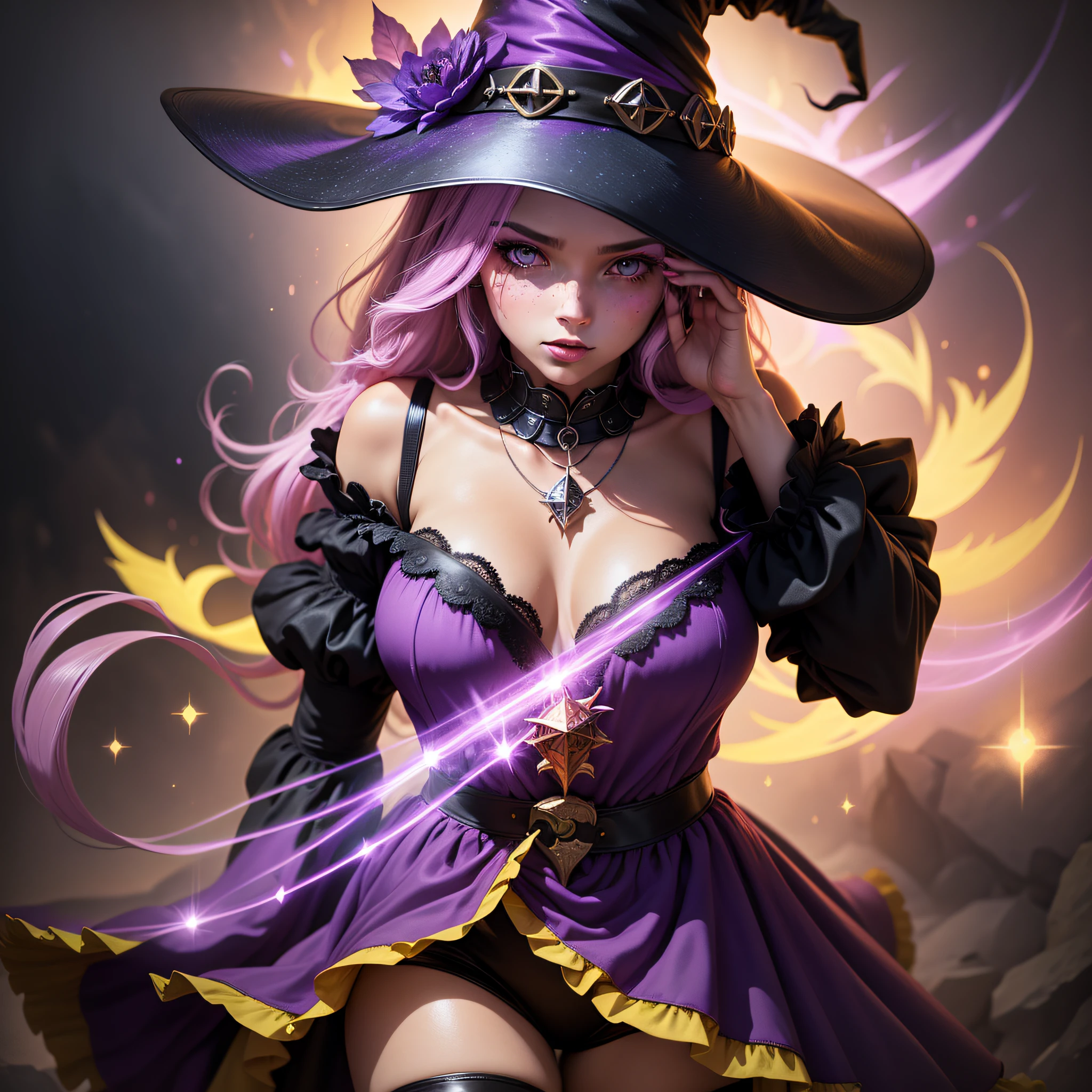 Witch, Canary colors, witch hat, witch outfit, in darkness surrounded by pink and purple specks of light, masterpiece, best quality