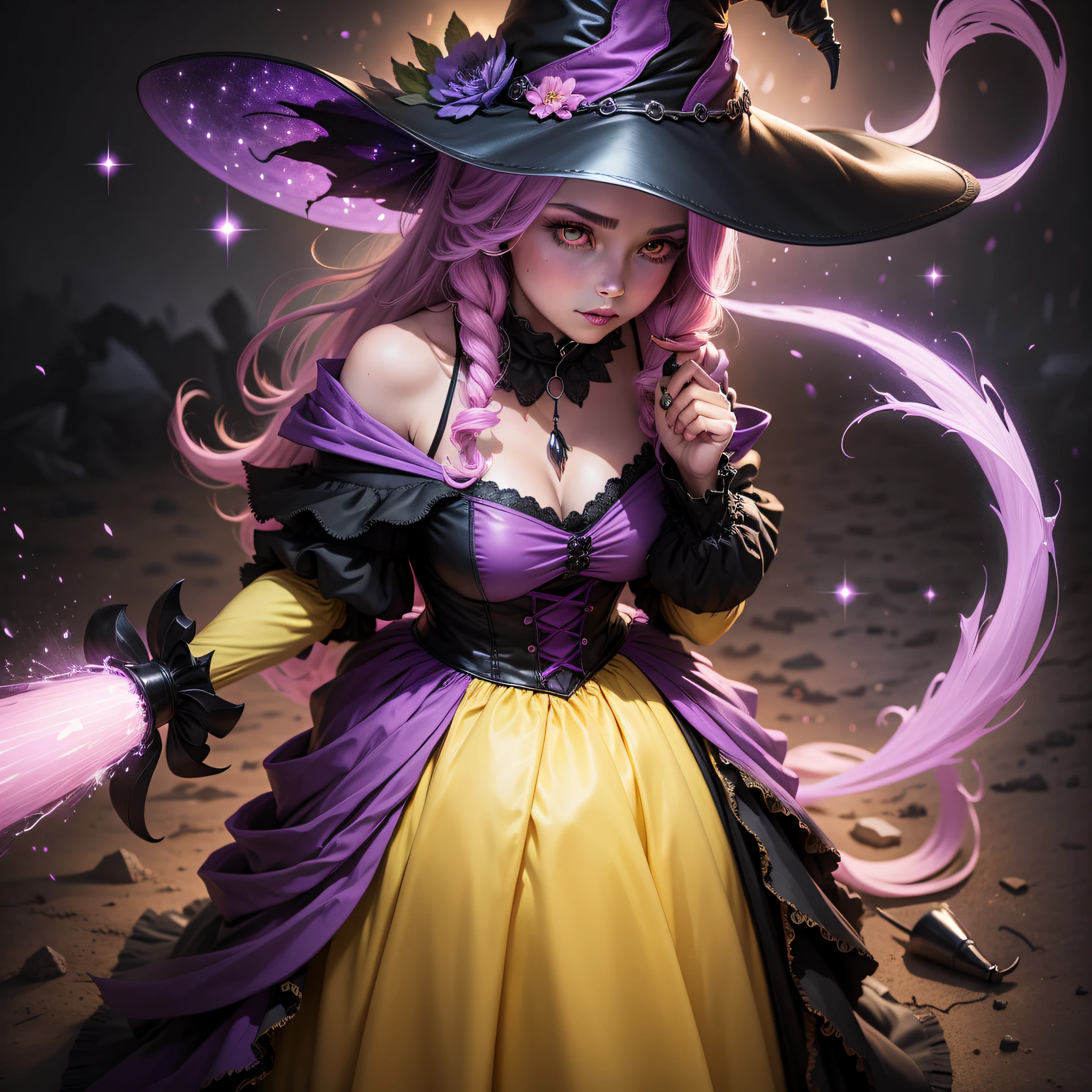 Witch, Canary colors, witch hat, witch outfit, in darkness surrounded by pink and purple specks of light, masterpiece, best quality