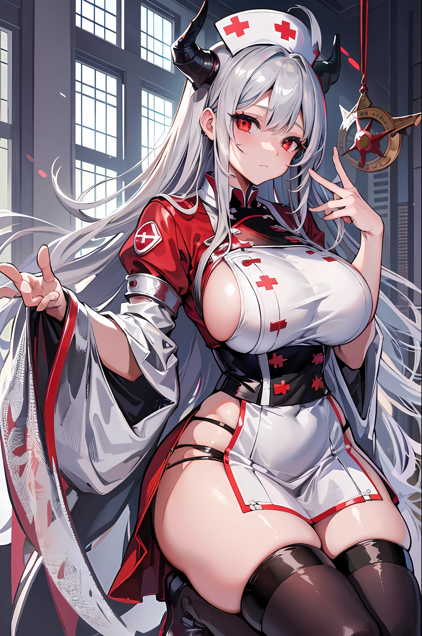 masterpiece, best quality, high_resolution, fine details, very detailed and beautiful, distinct_image, 1 girl, solo, silver-haired, red eyes, dragon horns, (huge), (),hospital,curvy, ,(nurse costume),thighhigh,(skirt),gesture