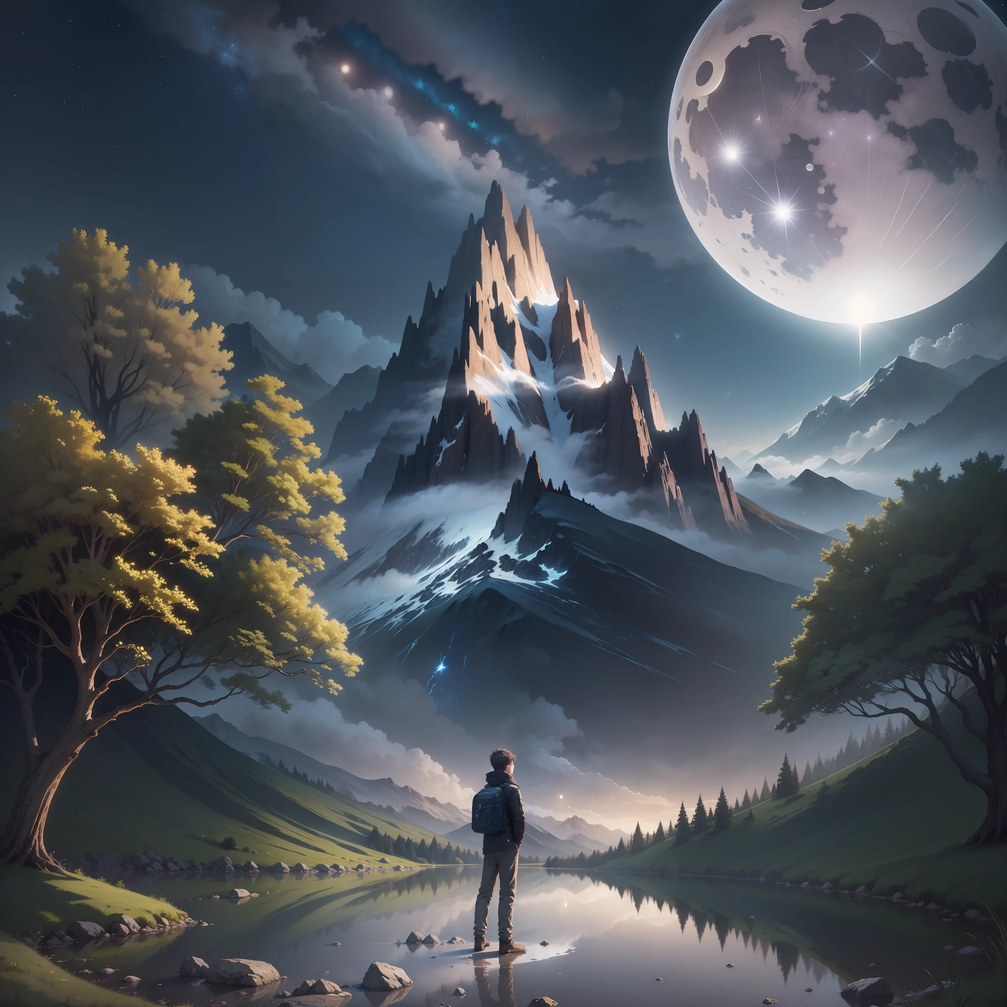 Expansive landscape, reflection details, night, bright moon, stars, very detailed, a boy at the foot of the mountain, looking up at the sky, drizzling, trees in the background, CG style,
